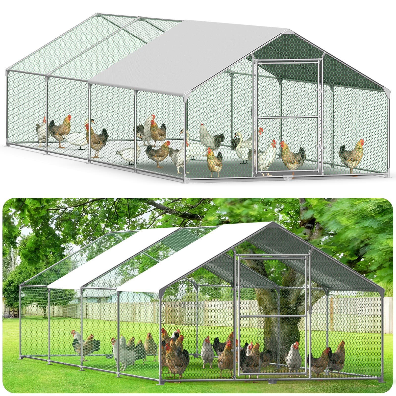 Gallinero para Exterior, Gallineros Grandes de Metal Galvanizado, Jaula para Gallinas con Candado, Gallinero Exterior con Techo de Polietileo pano ra Protección Solar, 8x3x2m