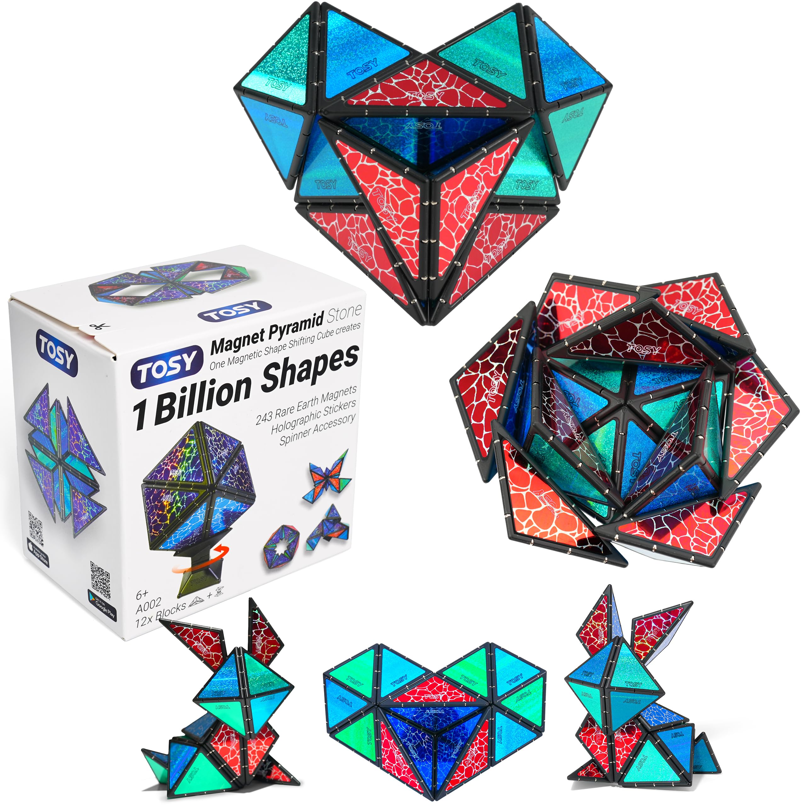 TOSY Magnet Pyramid Stone - 1 Cube Transforms into 1 Billion Shapes, 12 pieces, 243 Magnets, Christmas Stocking Stuffers Gift for kids, Holographic Design, Creative Puzzle STEM Toy