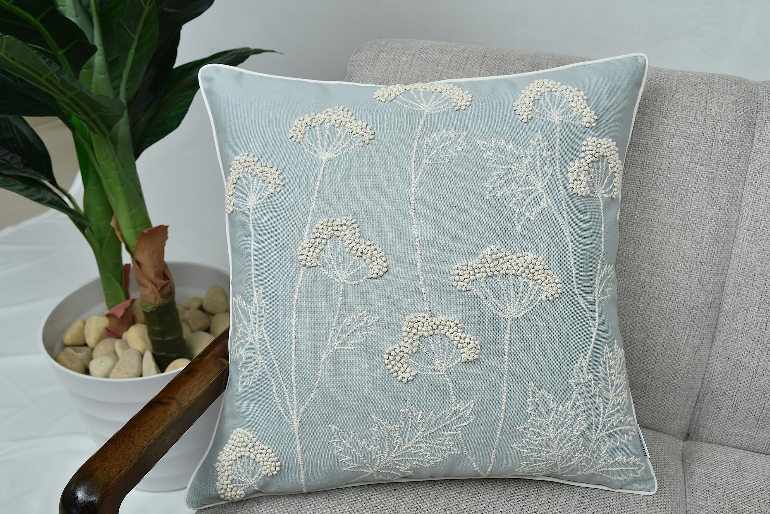 20x20 Blooming Robins Egg Cotton Pillow Cover - Hand Embroidered Floral Design - Decorative Square Cushion Cover for Couch, Sofa, Bed, Living Room - Boho Farmhouse Accent