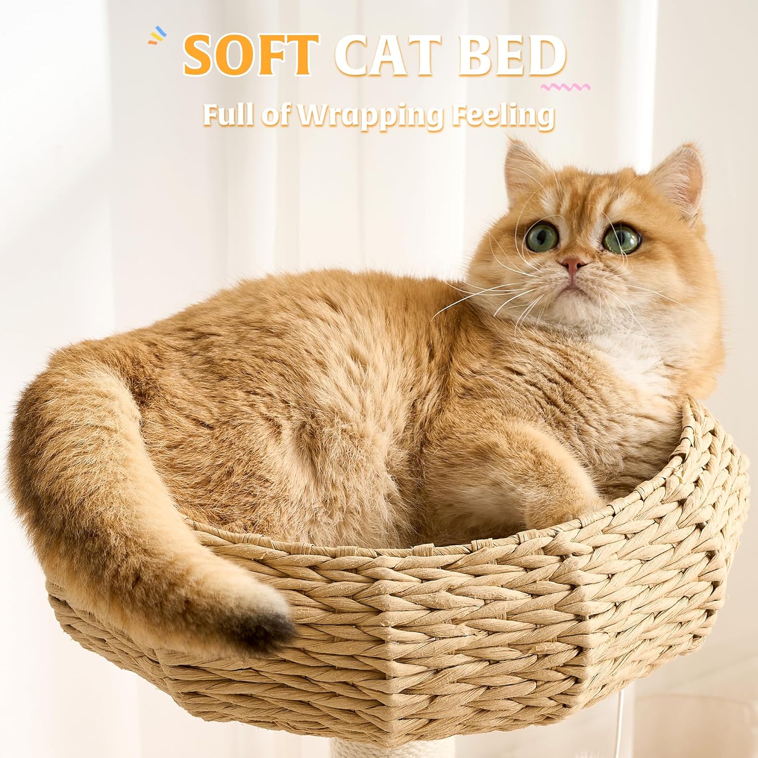 HITTITE Solid Wood Cat Tree Tower with Scratching Post, 36.6 Inches Tall Cat Towers with Scratching Board and Scratcher Ball, Modern Cat Tower With Space Capsule and Hand-Woven Basket for Indoor Cats.