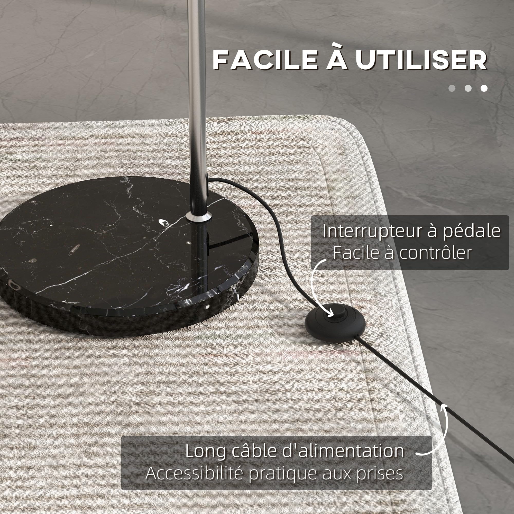 HOMCOM Lampadaire Arc avec Abat-jour Argenté, 40W E27, Pied Marbre, Hauteur Réglable 170-180 cm, Noir Gris