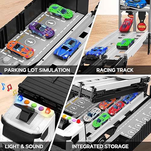 Miniatura 4 de Camión transportador de carreras de juguetes para niños, juego plegable de 3 capas de pista de carreras, camión de juguete y 8 autos de carreras,