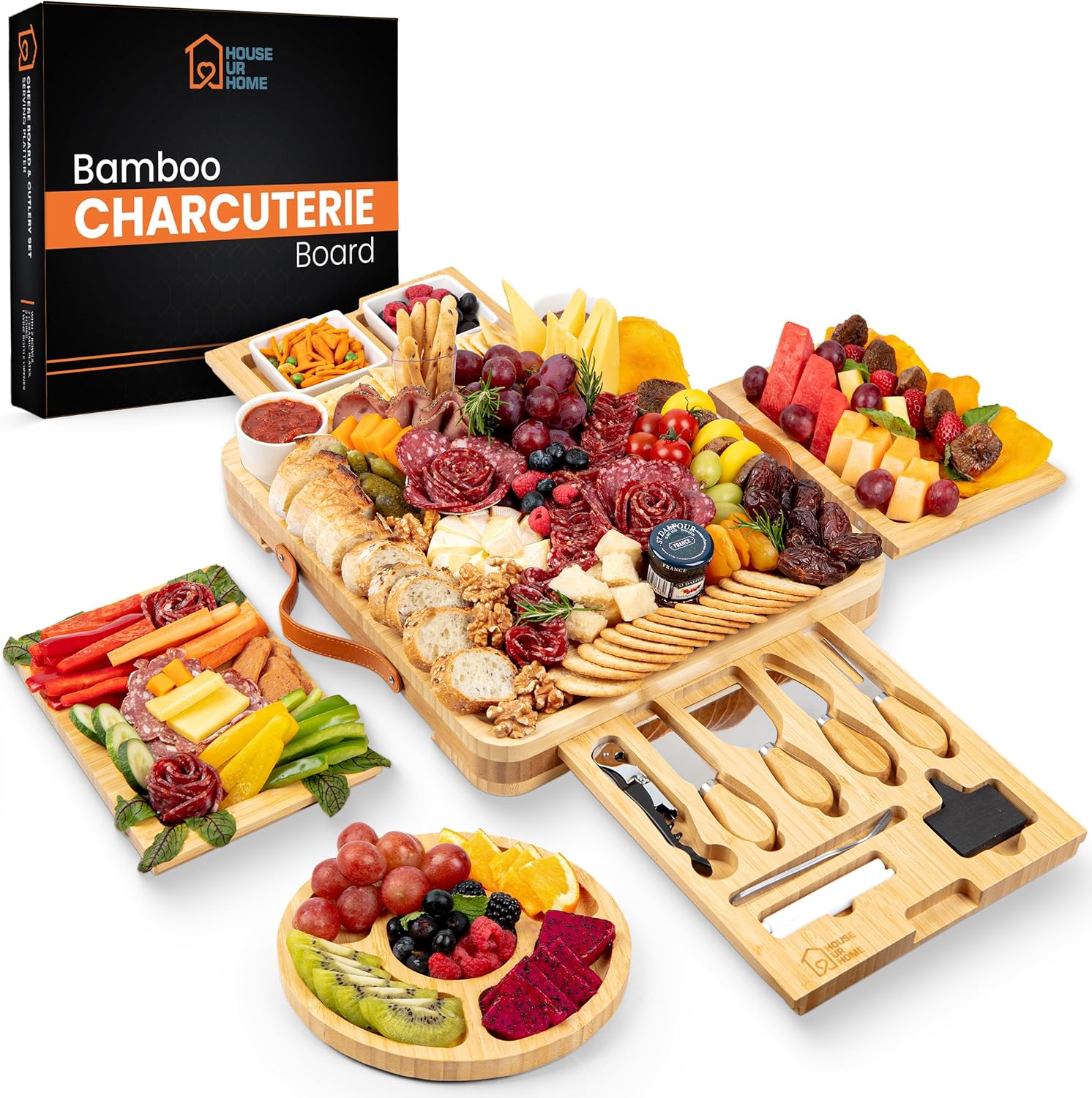 Large Bamboo Charcuterie Board Gift Set  4 Hidden Drawers, Cheese Knives, Ceramic Bowls & Plates  Perfect Christmas, Holiday, or Housewarming Gift