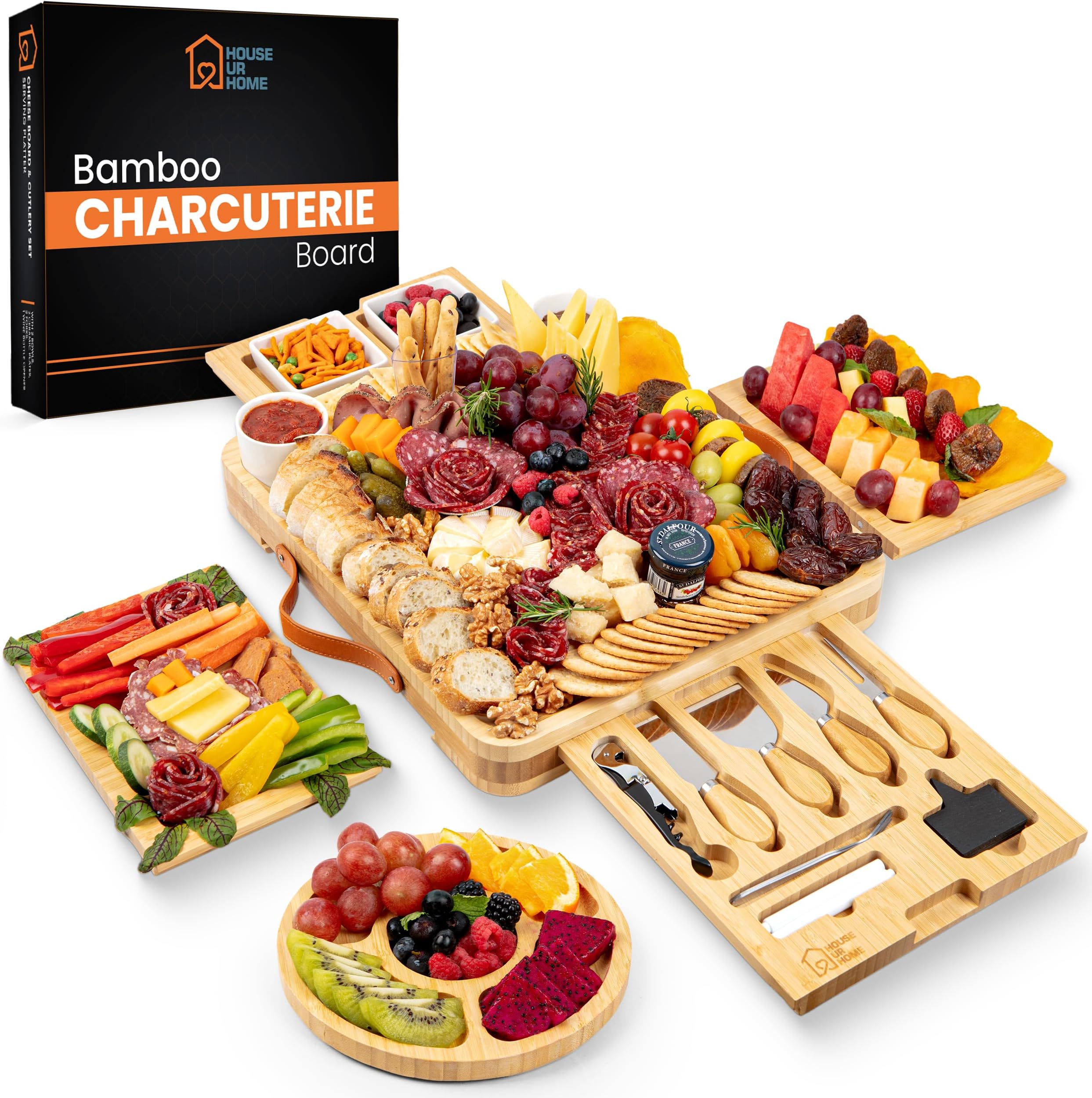 Bamboo Cheese Board With Cutlery Server Set Meat Wood Charcuterie Serving Platter Tray With 2 Ceramic Bowls & 3 Slate Labels & 2 Chalk Markers.With Hidden Drawer Comes with 4 Stainless Steel Knives