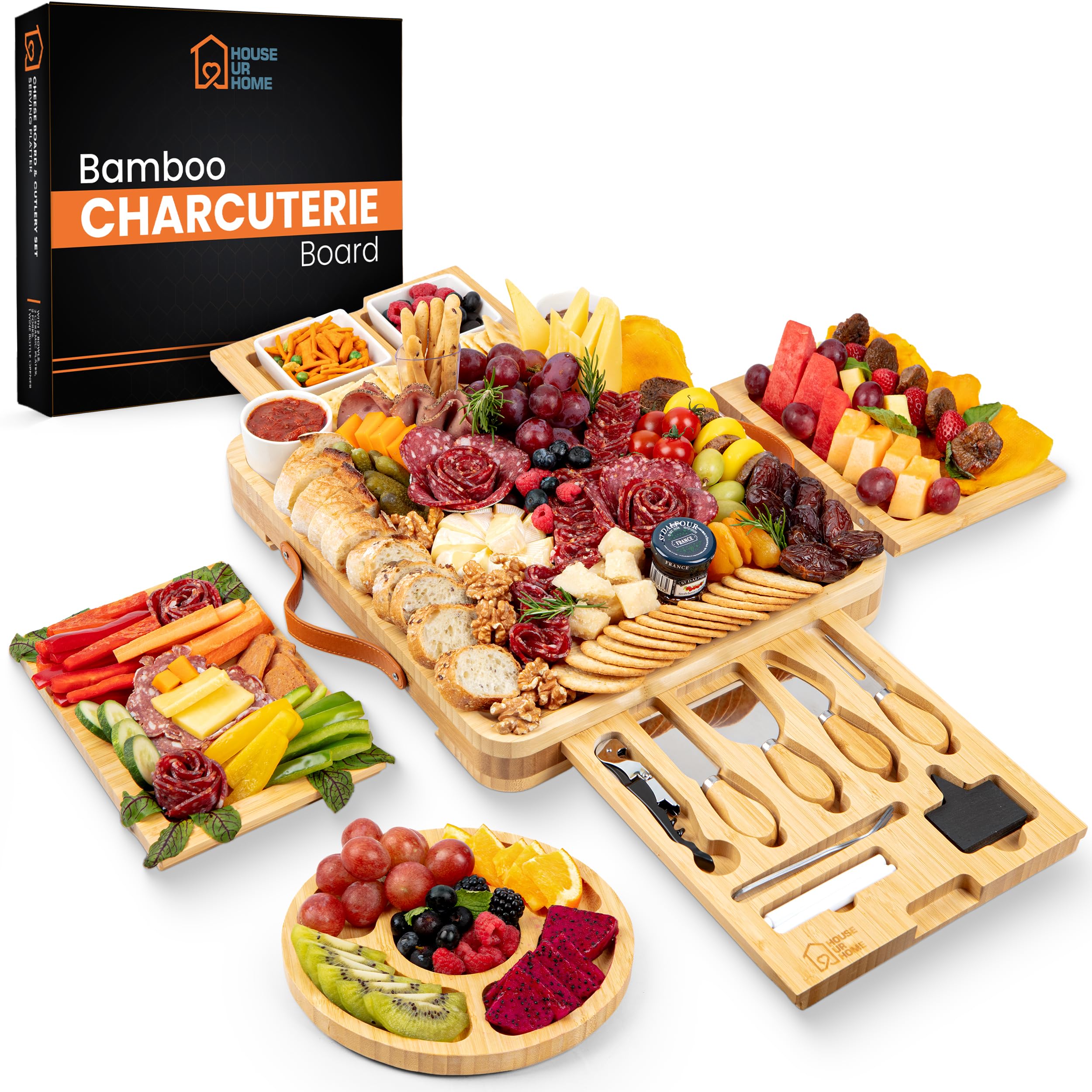 Large Bamboo Charcuterie Board Gift Set – 4 Hidden Drawers, Cheese Knives, Ceramic Bowls & Plates – Perfect Christmas, Holiday, or Housewarming Gift