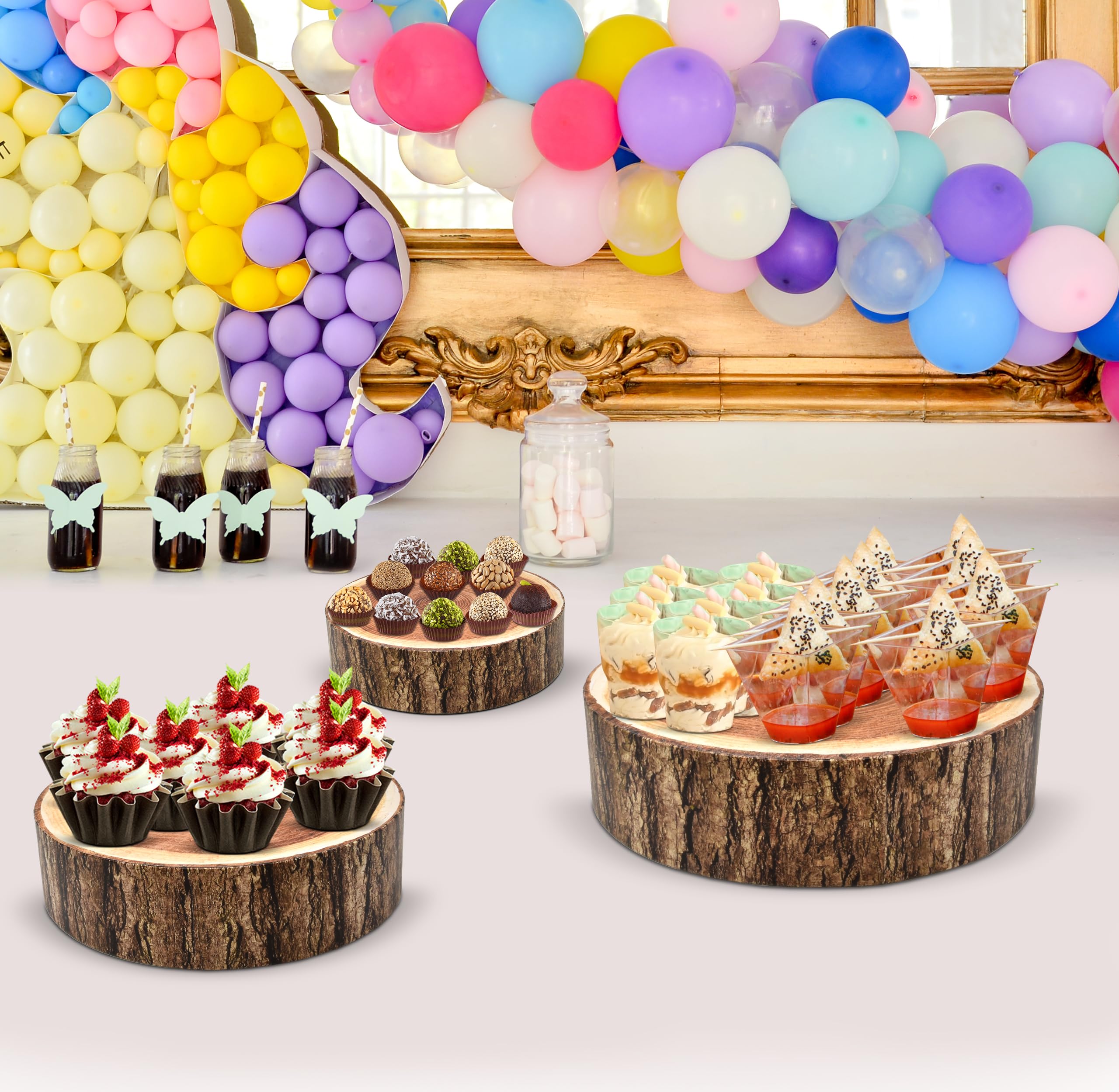 Juego de 3 soportes redondos de cartón con aspecto de madera, soporte para pasteles, 8, 10, 12 pulgadas, exhibición de postres, bandeja decorativa para bodas, fiestas de cumpleaños, decoración de mesa