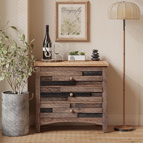 COZAYH Cómoda rústica de 3 cajones, mesita de noche retro totalmente montada con diseño de cajón de rejillas, para dormitorio, sala de estar, campo