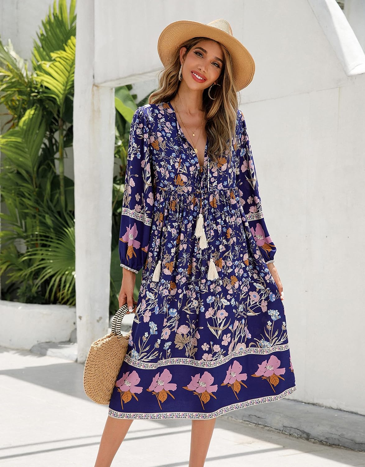 R.Vivimos Women's Long Sleeve Floral Print Retro V Neck Tassel Bohemian Midi Dresses - Image 5