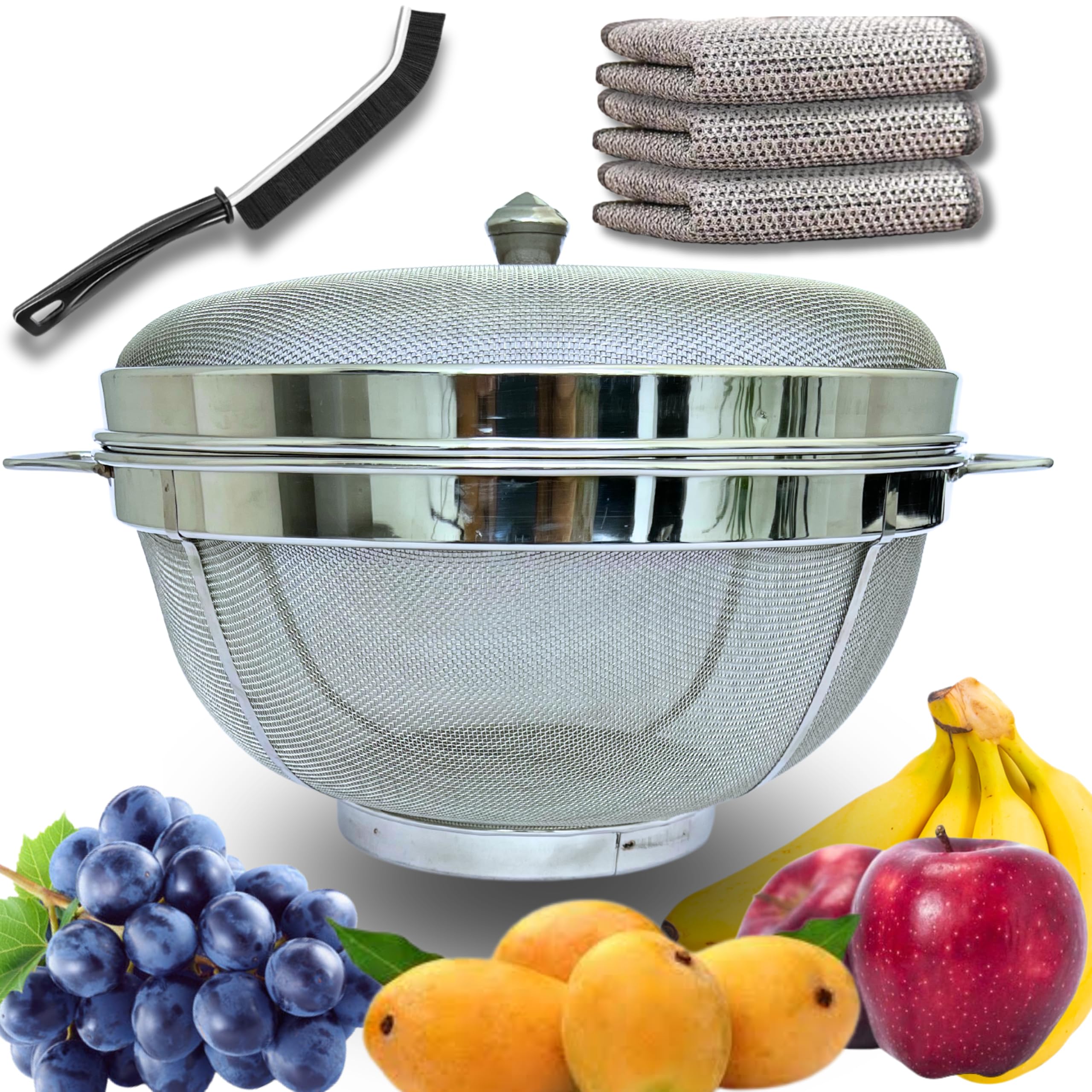 Febzona fruit basket with lid | stainless steel fruits storage basket fruit banana basket for dining table vegetable storeg basket with net cover kitchen home (Small 10 INCH)