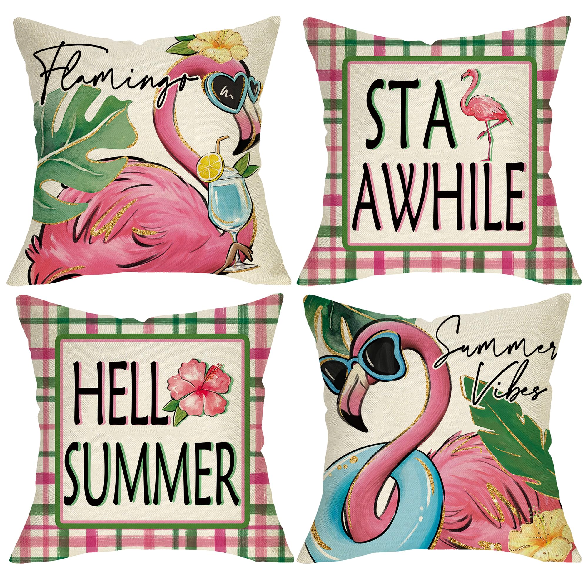 Hello Summer Vibes Flamingo Decorative Throw Pillow Covers 18 x 18 Set of 4, Stay Awhile Tropical Hawaii Palm Leaves Porch Outdoor Home Decor, Swim Ring Plaid Farmhouse Couch Cushion Case