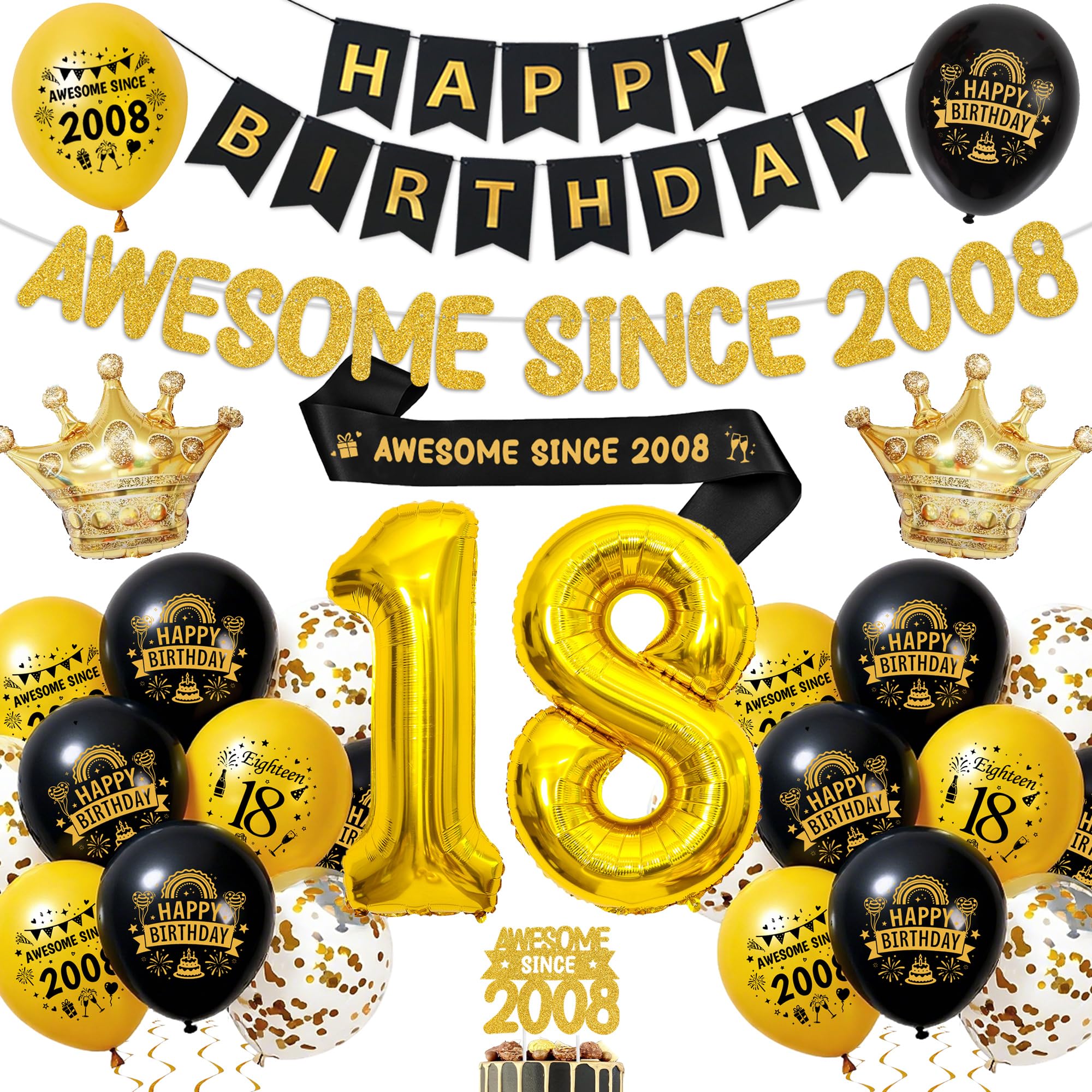 18th Birthday Decorations Black Gold, Party Supplies for Boys and Girls