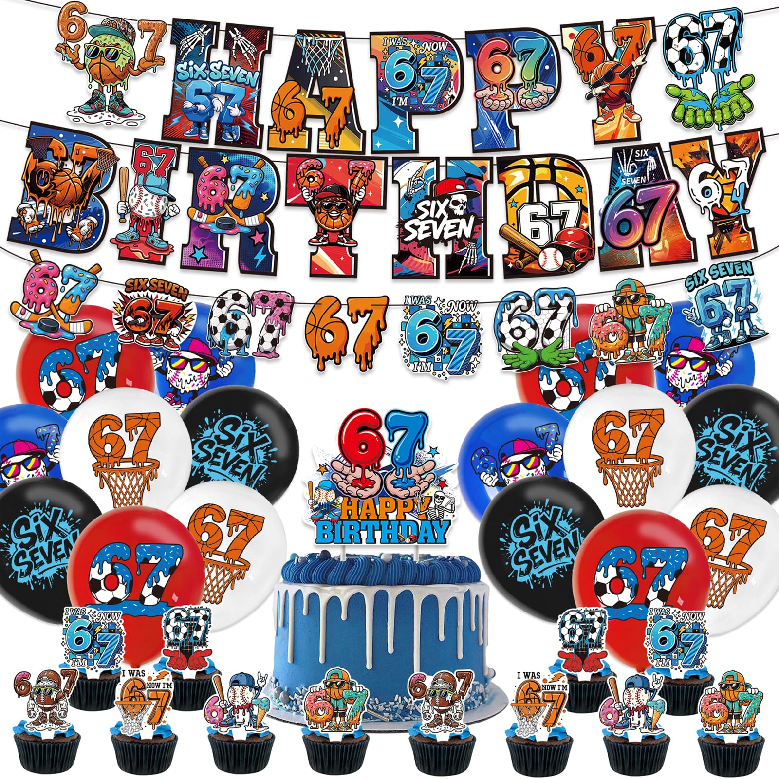67 Birthday Decorations, Happy Birthday Party Decorations Set for Celebrations, Funny Party Decorations Happy Birthday Banner, Balloons, Hanging Swirls, Cake & Cupcake Toppers