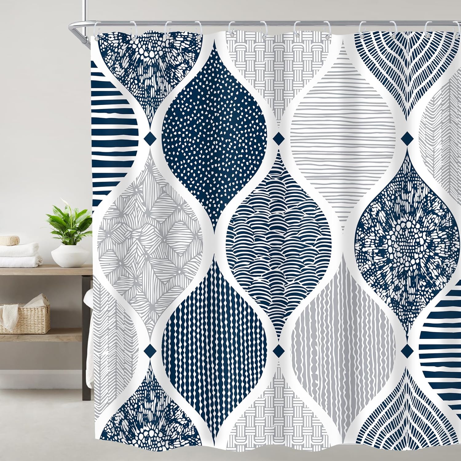 Imirell Extra Long Navy Blue and Grey Shower Curtain 72Wx84H Inches Retro Boho Abstract Geometric Paisley Minimalist Simple Bohemian Modern Cool Fabric Waterproof Polyester with 12 Pack Hooks Plastic