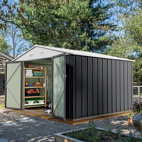 Devoko Cobertizo de almacenamiento al aire libre de 8 x 10 pies, cobertizos de jardín de metal y espacio de almacenamiento al aire libre, cobertizo