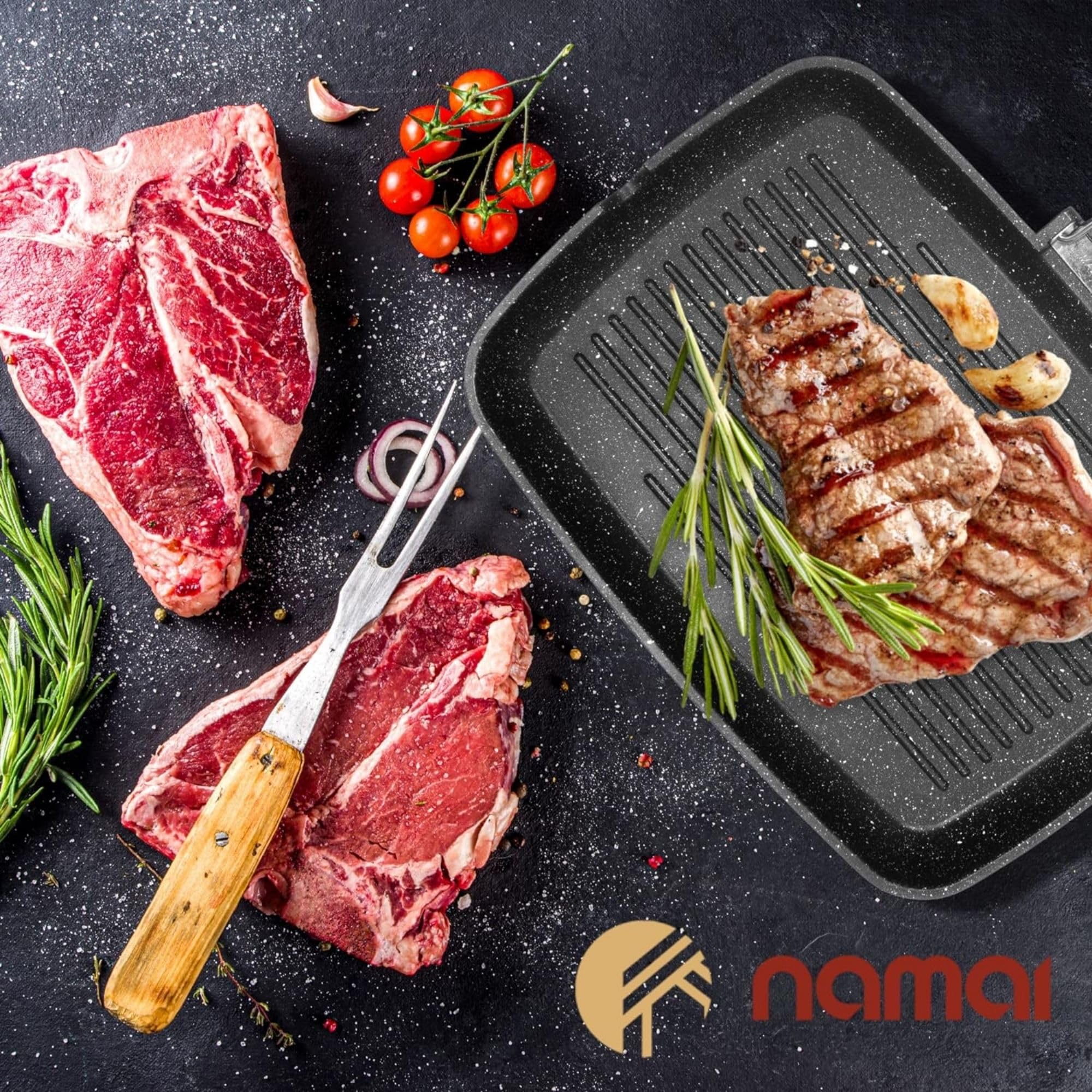NAMAI - Grill Pan - Non Stick Pan - 36CM x 24CM (no Induktion)- Spülmaschinenfest - Aluminium Druckguss - Grillpfannen für Gasgrill - Pan Grill - Grill Pfannen - Grillpfannen - Made in Italy