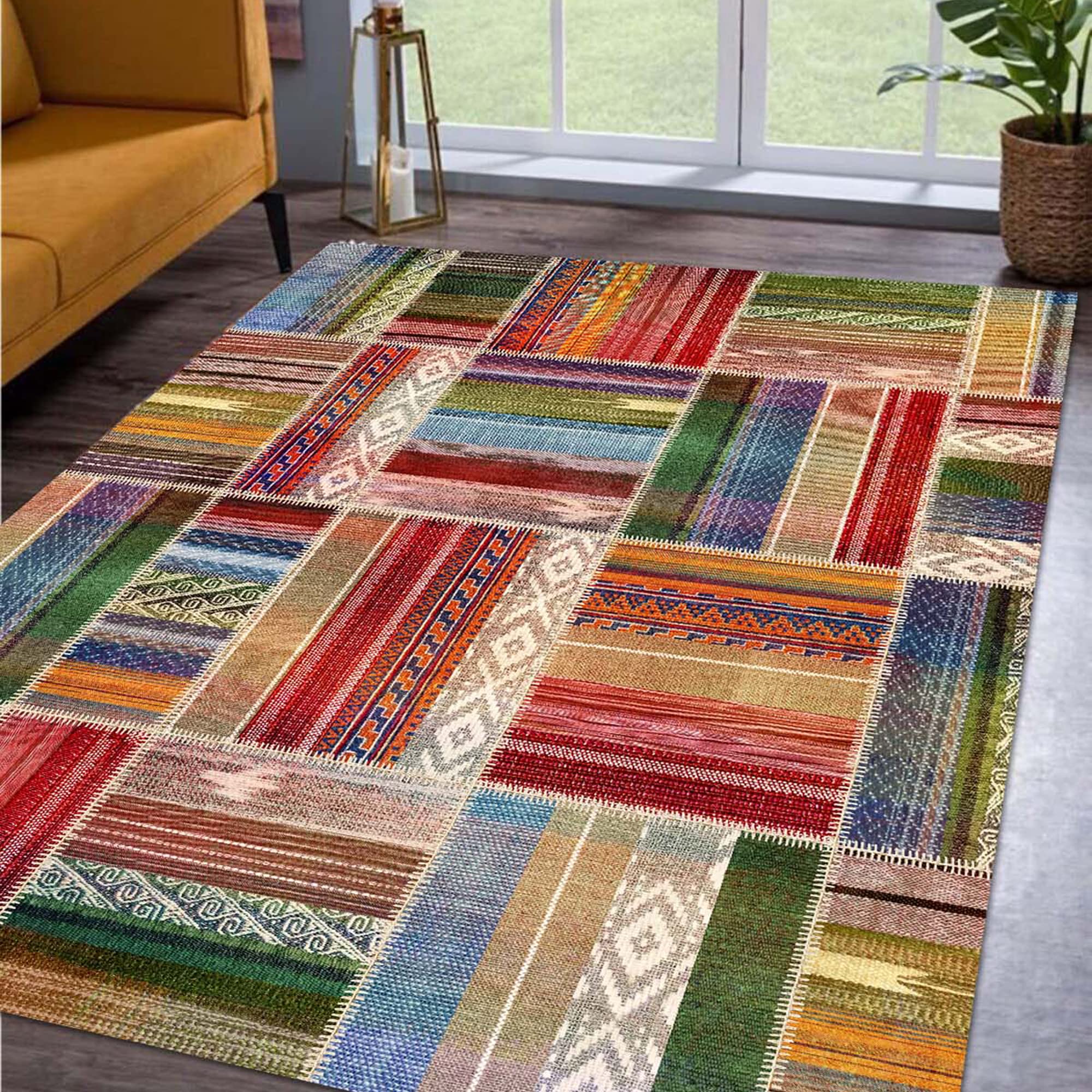 Latte Dizayn Bitsy Desenli Kadife Pamuk Tabanlı Yıkanabilen Kaydırmaz Antibakteriyel Salon Halısı 60X190