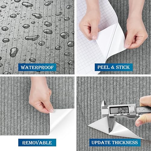 Miniatura 4 de FunStick Papel tapiz de color gris moderno para despegar y pegar, papel de pared de tela de punto para dormitorio, baño, apto para inquilinos, papel