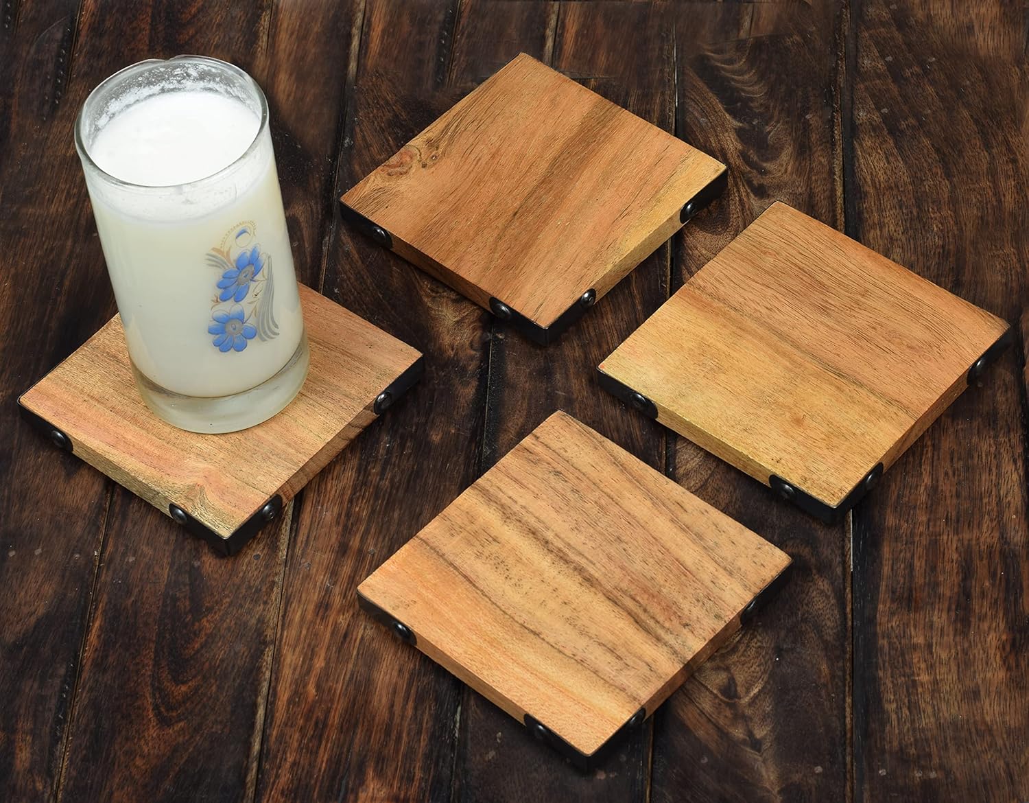 Samhita Acacia Wood Square Coasters Protection Tabletop,Countertop and Surfaces Size: 4" x 4", Set of 4 - Image 5