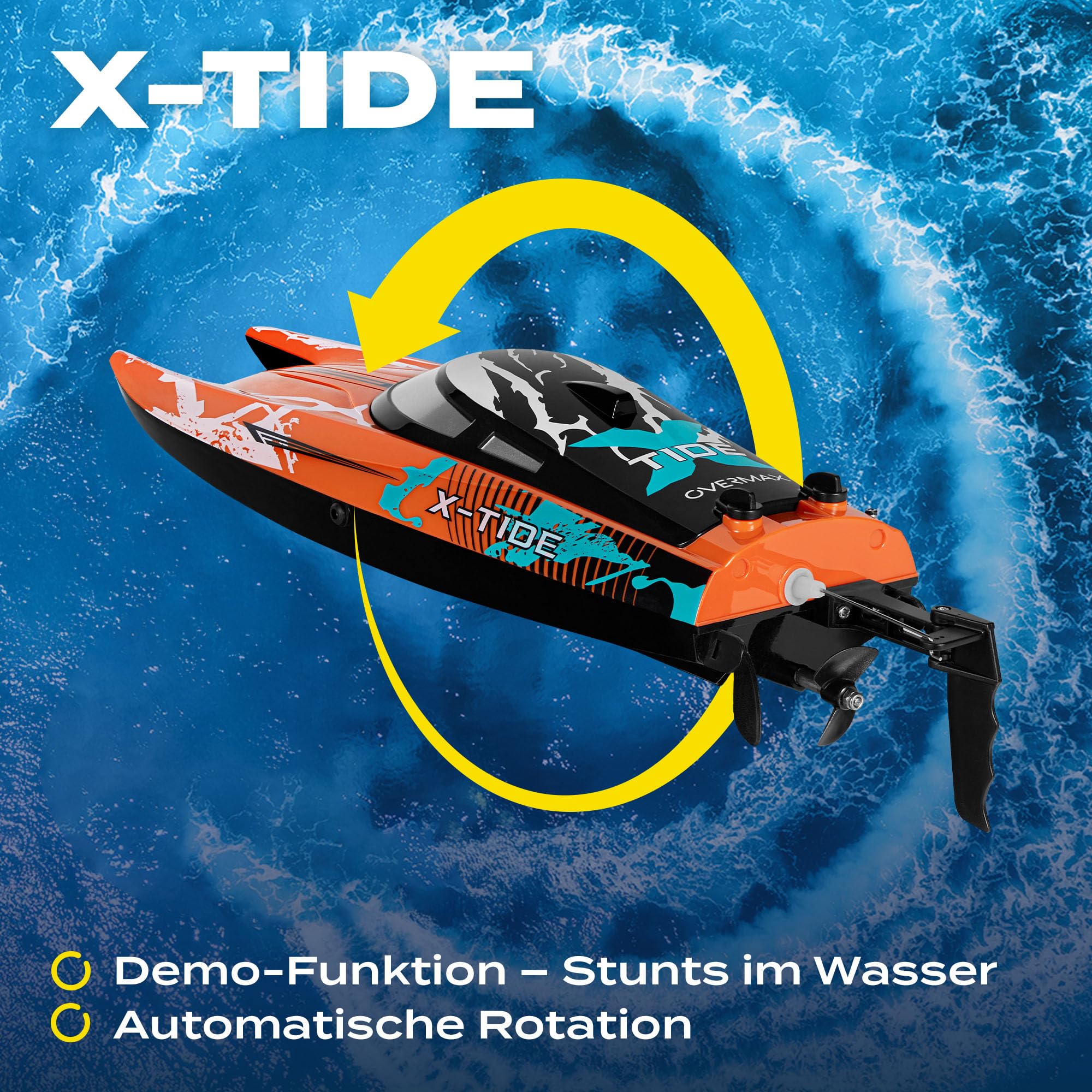 Overmax X-Tide Ferngesteuertes RC-Speedboat Rennboot mit LED 25 km/h 1200 | mAh Akkus 34 Minuten Spaß Geschwindigkeitsregulierung Reichweite bis zu 100 m, Schwimmbad- und Seespielzeug