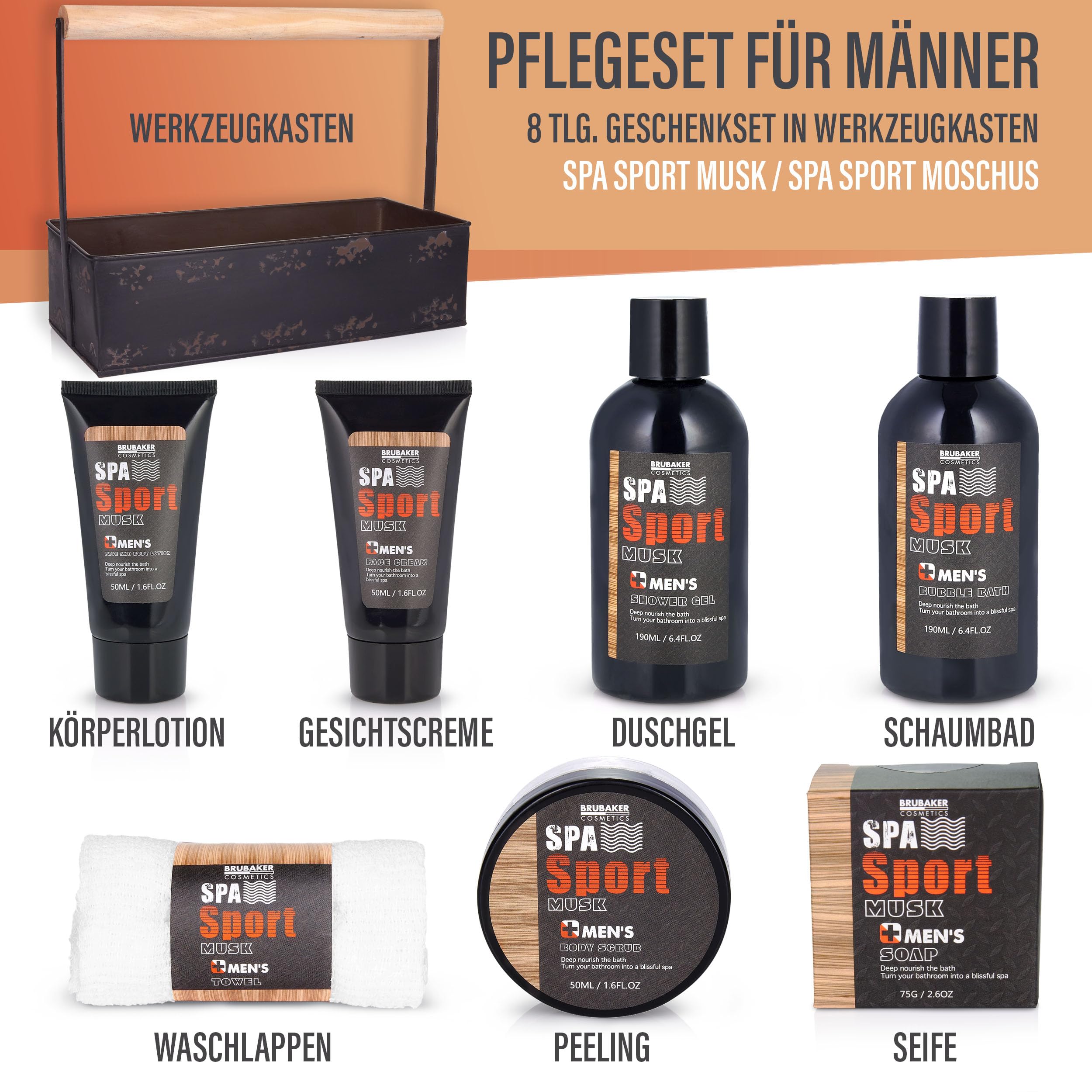 BRUBAKER Cosmetics Spa Sport Musk - 8 Pz. Set di Cura - Uomini - con Gel Doccia, Bagno Schiuma, Crema Viso, Peeling, Lozione Viso e Corpo, Sapone + Toolbox