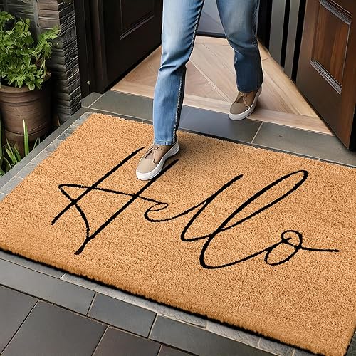 Hello Door Mat Outdoor Coco Coir Doormat, with Heavy-Duty PVC Backing - Natural - Perfect Color/Sizing for Outdoor/Indoor uses. (30 x 17, Hello Script-20)