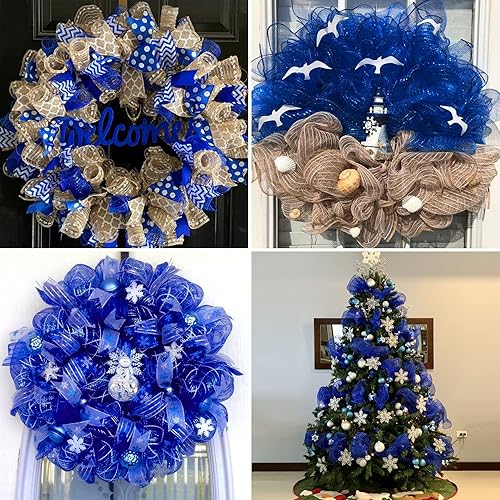 Miniatura 3 de 2 rollos de cinta de malla decorativa azul rey de 10 pulgadas x 30 pies, rollos de malla de poliéster metálico para decoración de vacaciones,