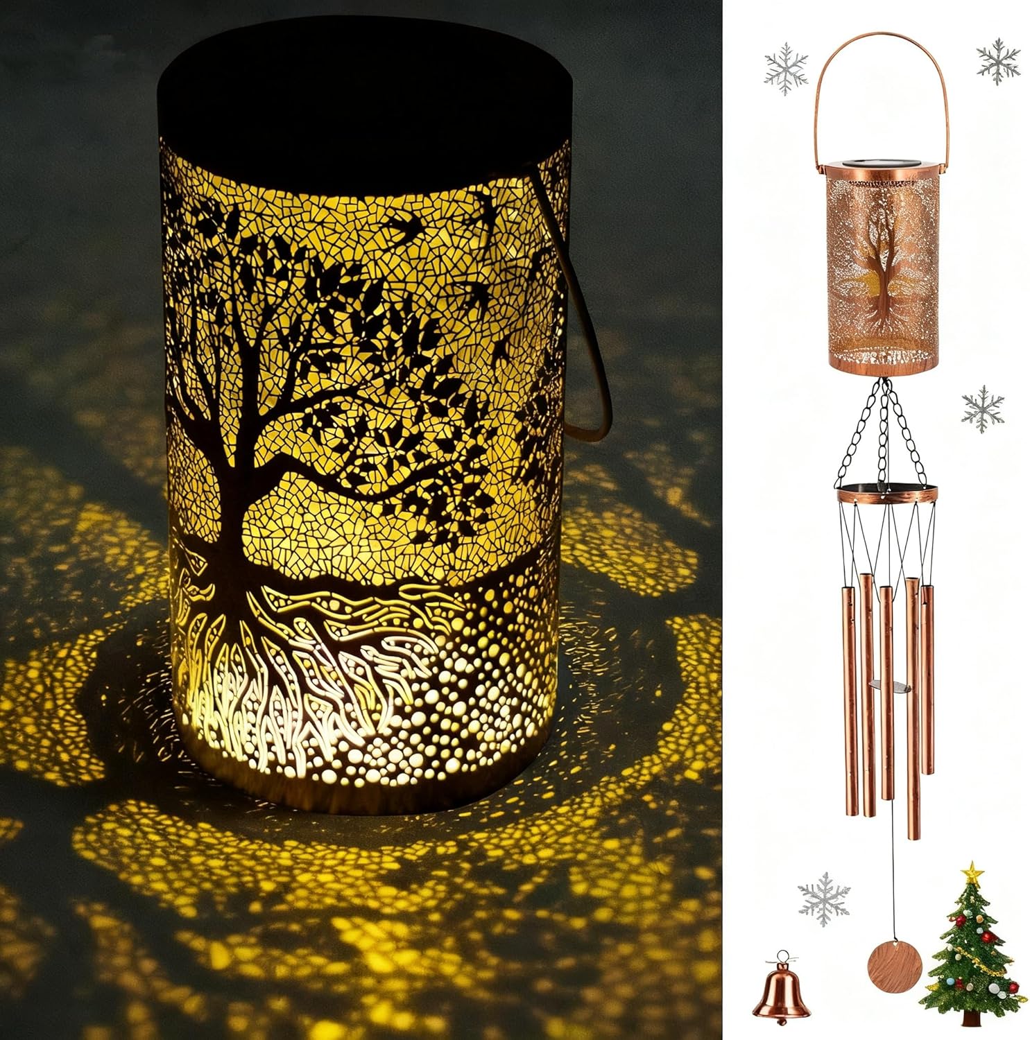 36" Solar Wind Chimes Hanging Lights Outdoor Detachable Led Lantern Metal Wind Chimes for Outside Unique Tree Life Garden Hanging Solar Decorative as Gift for Mom Women Grandma (Bronze)