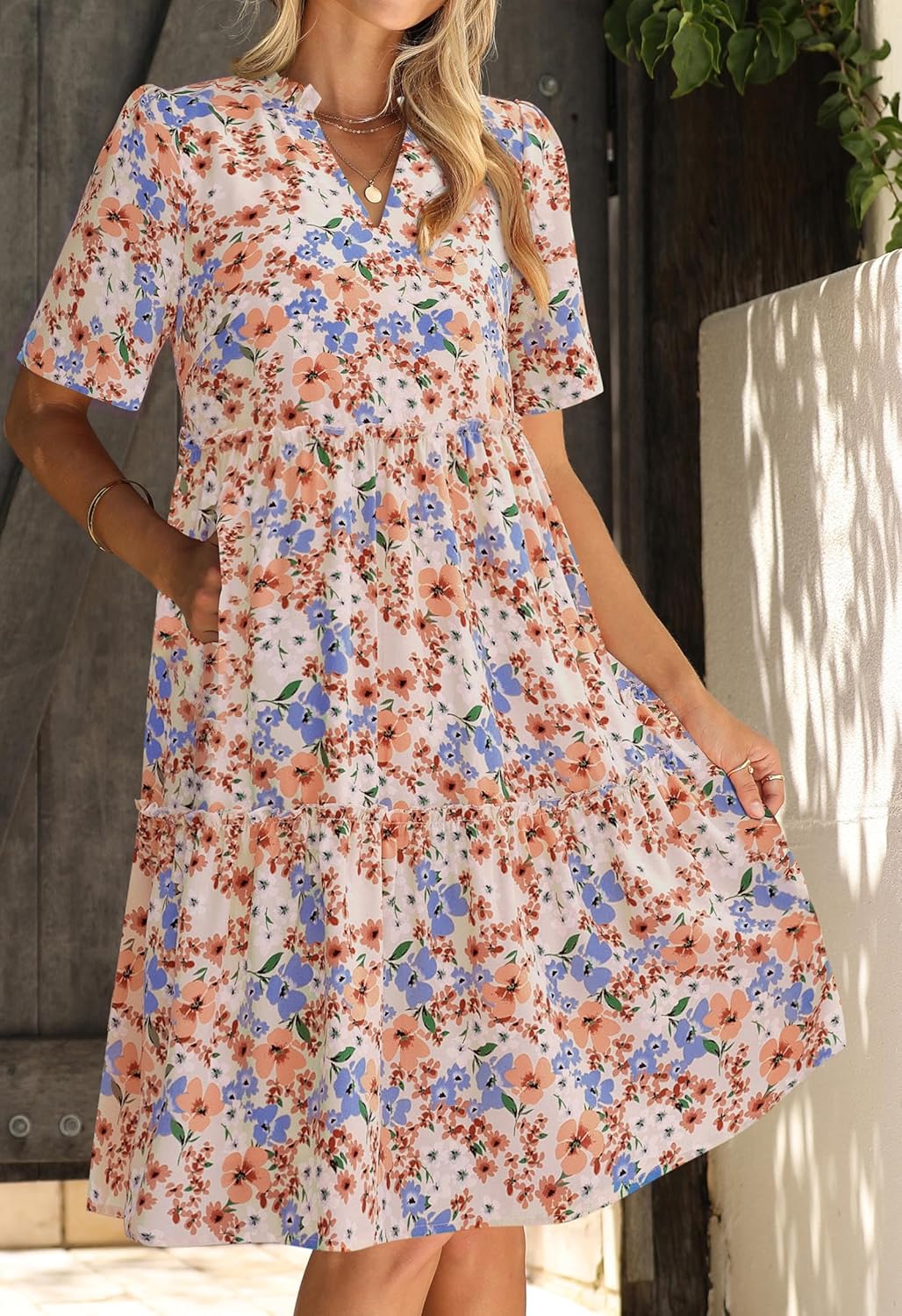 KIRUNDO Womens Summer Dresses Casual Boho Floral Mini Babydoll Short Sleeve A Line Dress V Neck Sundress Beach Vacation - Image 5