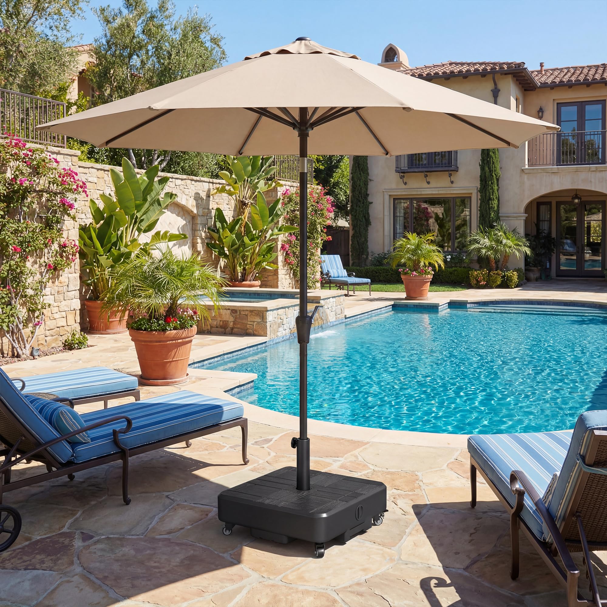 Outsunny Pied de Parasol Carré, Socle Parasol extérieur avec Roues Remplissable jusqu'à 35 kg avec Sable ou 28 L avec Eau, pour mât de Ø 38/48 mm, 48 x 48 x 38,5 cm, Noir