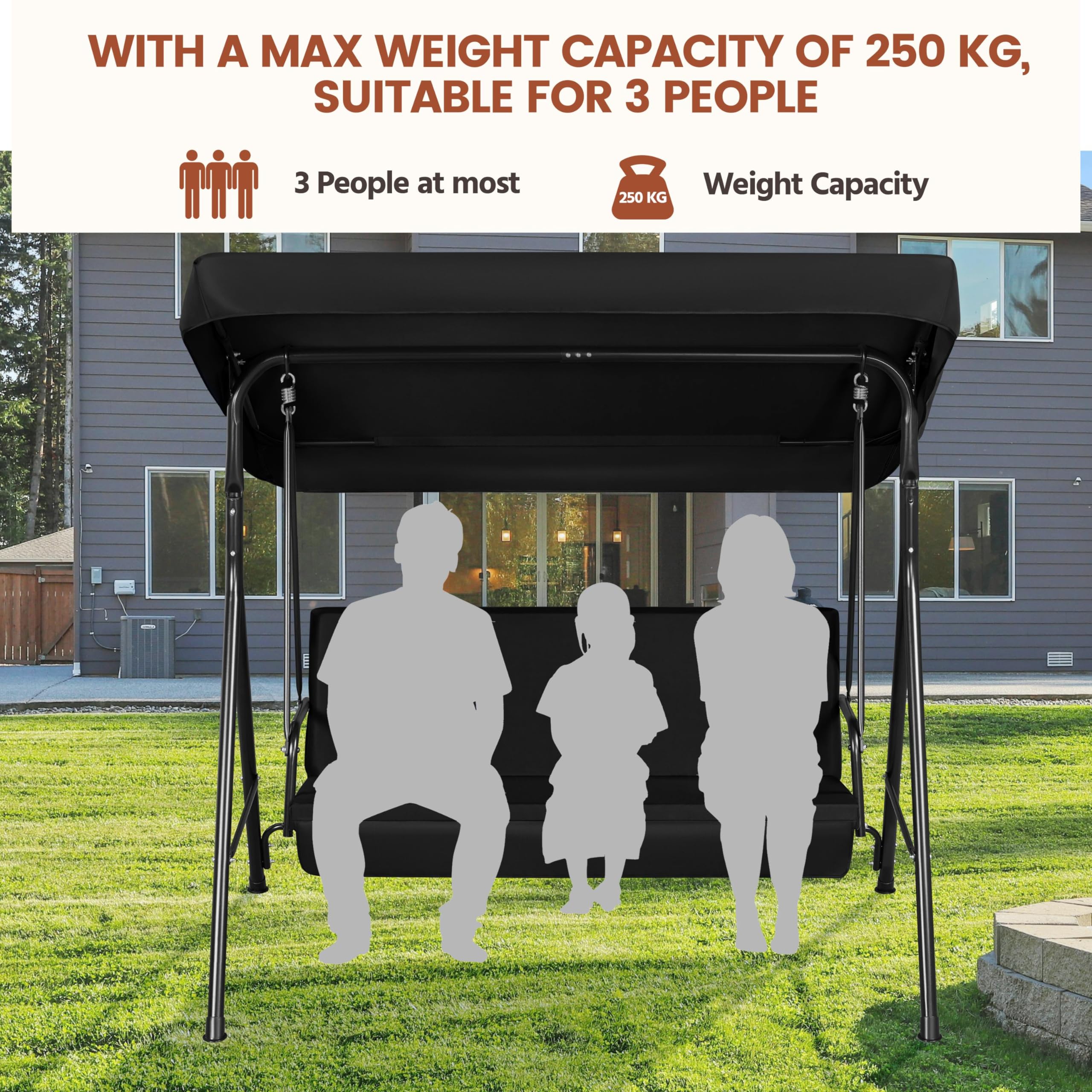 Yaheetech Columpio con Dosel Balancín de Jardín Exterior de 3 Plazas con Cojín Extraíble y Toldo Ajustable en Ángulo Impermeable Carga Máx.250kg Negro