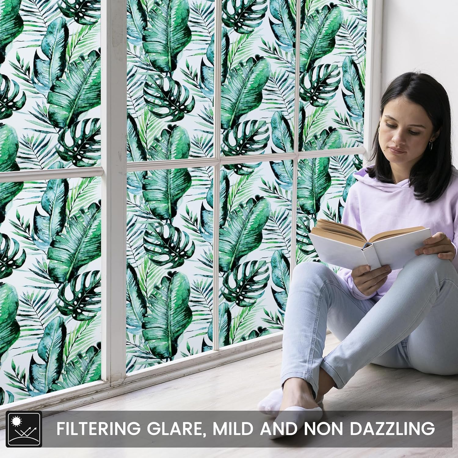 DKTIE Ins Style Palm Leaves Stained Glass Window Film Vintage Oil Painting Art Two Way Privacy Day and Night Nordic Monstera Modern Home Decor (C560s, 35.4 x 118.1 Inch)
