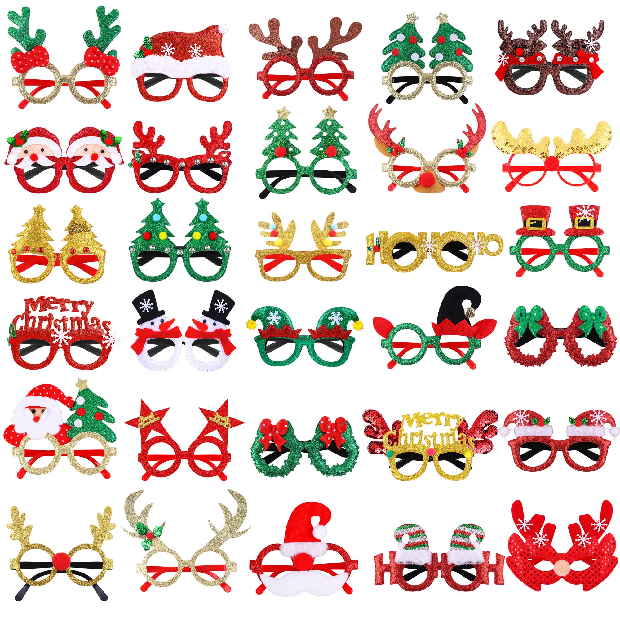 Fovths 30 Pieces Christmas Glitter Glasses Frames - Costume Eyewear Accessory Supplies - Antlers Reindeer Snowman Eyeglasses for Xmas Party