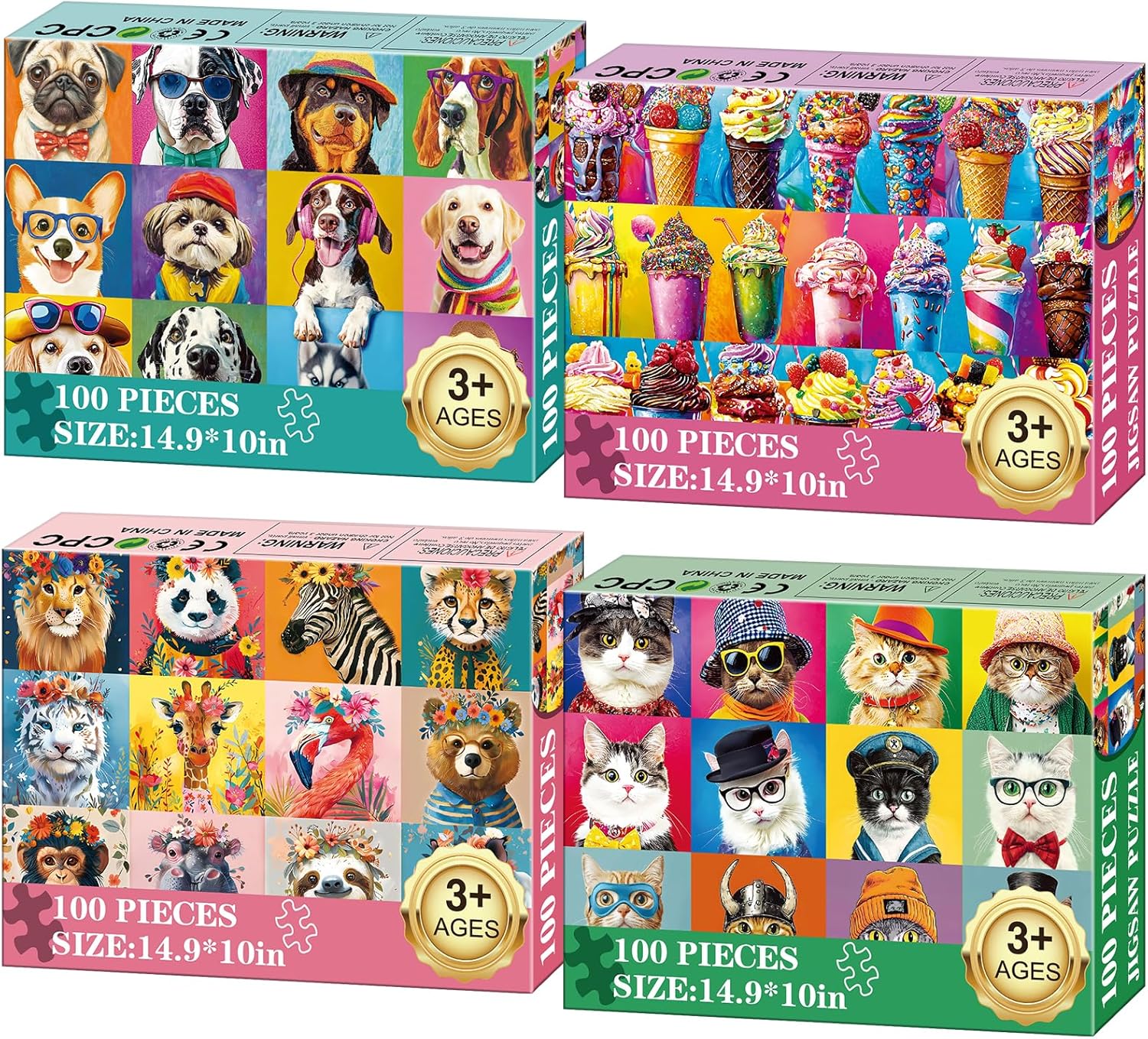 4-Pack 100 Piece Puzzles for Kids Ages 6-8 8-10 - Large Piece Puzzles for Adults Seniors Kids, Dogs Cats Bears Animals Jigsaw Puzzles for Kids Ages 4-6,Learning Educational Toys Gifts for Boys Girls