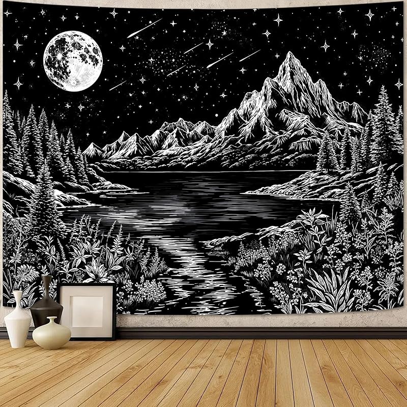 Zussun Tapiz de bosque de montaña en blanco y negro para dormitorio, estético, naturaleza oscura, lago, paisaje, tapices para colgar en la pared, luna y estrellas, tapiz de pared para sala de estar, dormitorio, 48 x 36 pulgadas