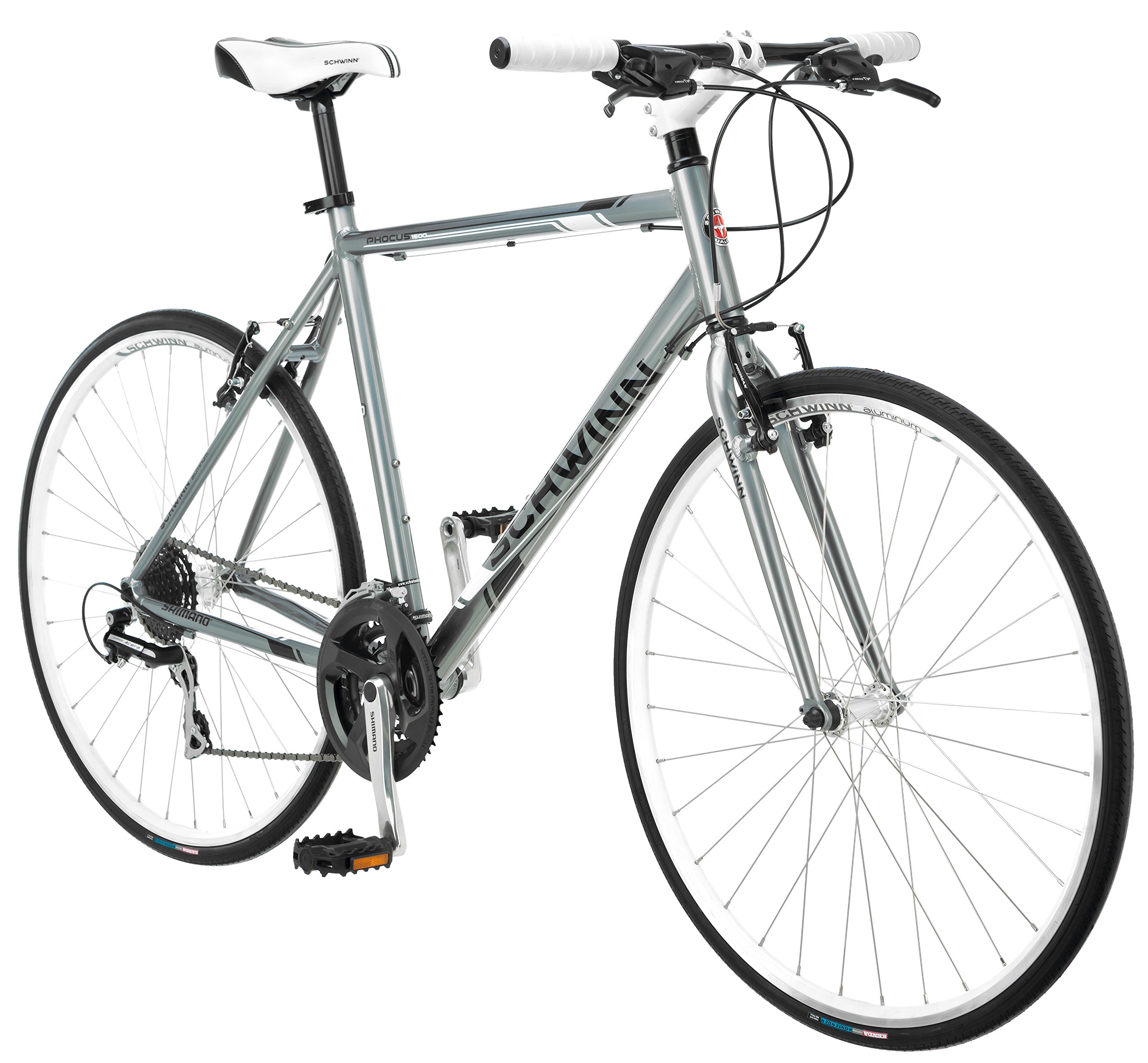 Schwinn Phocus 1500 Flat Bar Sport Fitness Hybrid Bicycle, Featuring 18-Inch/Medium Aluminum Step-Over Frame with Shimano 24-Speed Drivetrain and 700c Wheels, Silver Sports, Fitness & Outdoors