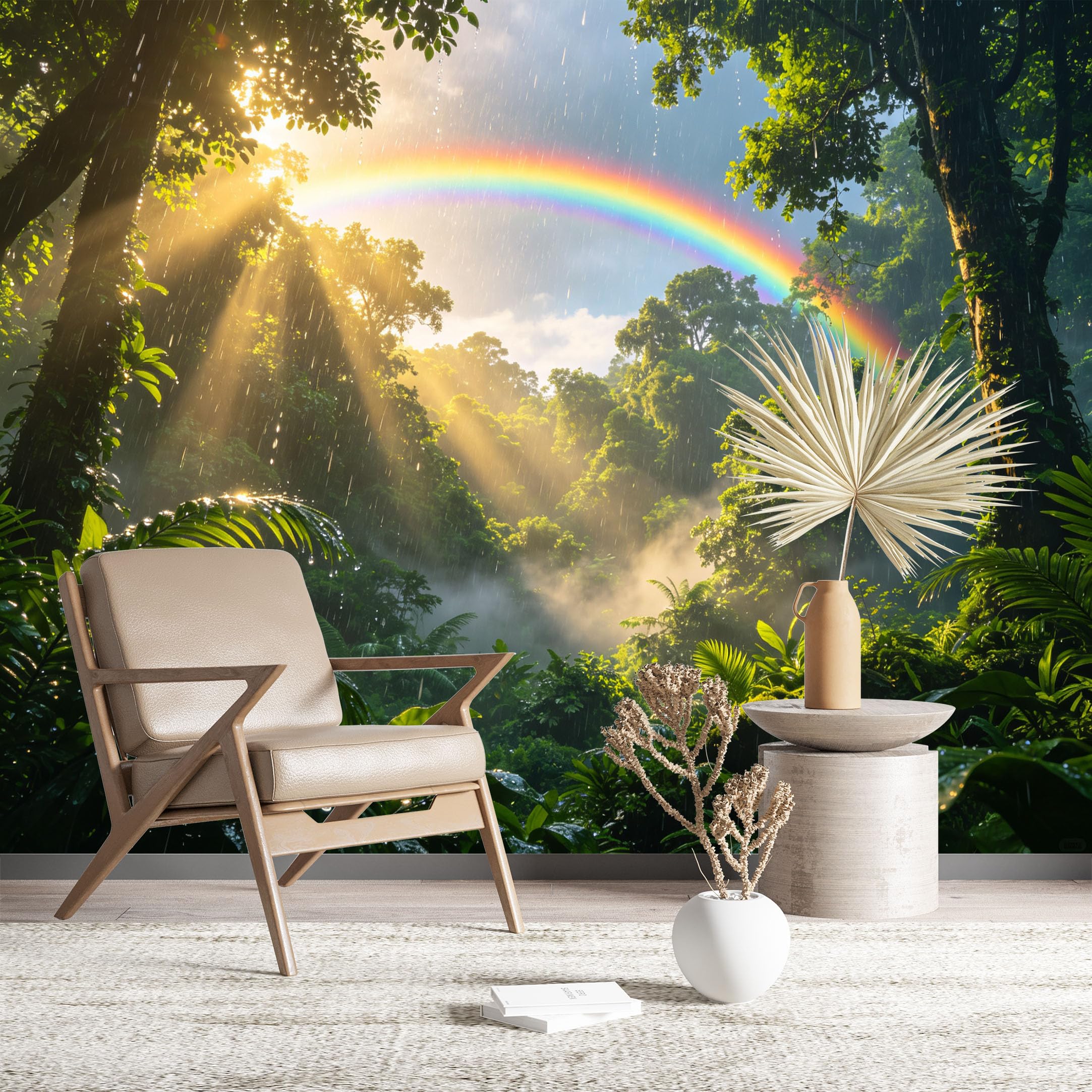 Custom Size Wall Murals Tropical Rainforest with Rainbow After Rain Wall Stickers Self-Adhesive Wall Fabric (NO PVC) Removable Wallpaper for Living Room Bedroom