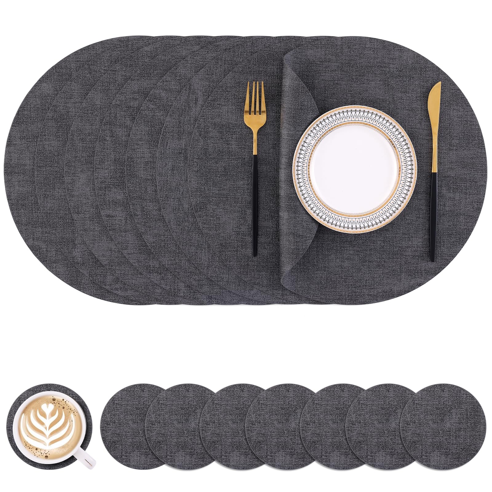 Homaxy Round Faux Leather Placemats and Coasters, Washable Dual-Side Table Mats, Wipeable Heat-Resistant Dining Place Mats for Outdoor and Indoor, Set