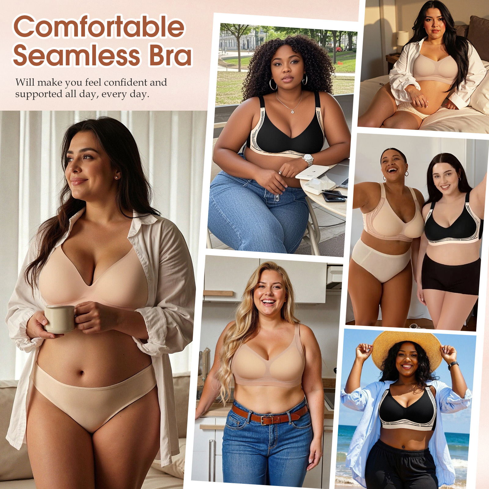 Reggiseno Senza Ferretto Taglie Forti Donna - Modello T-Shirt, Push Up Morbido E Senza Cuciture, Bianco, L