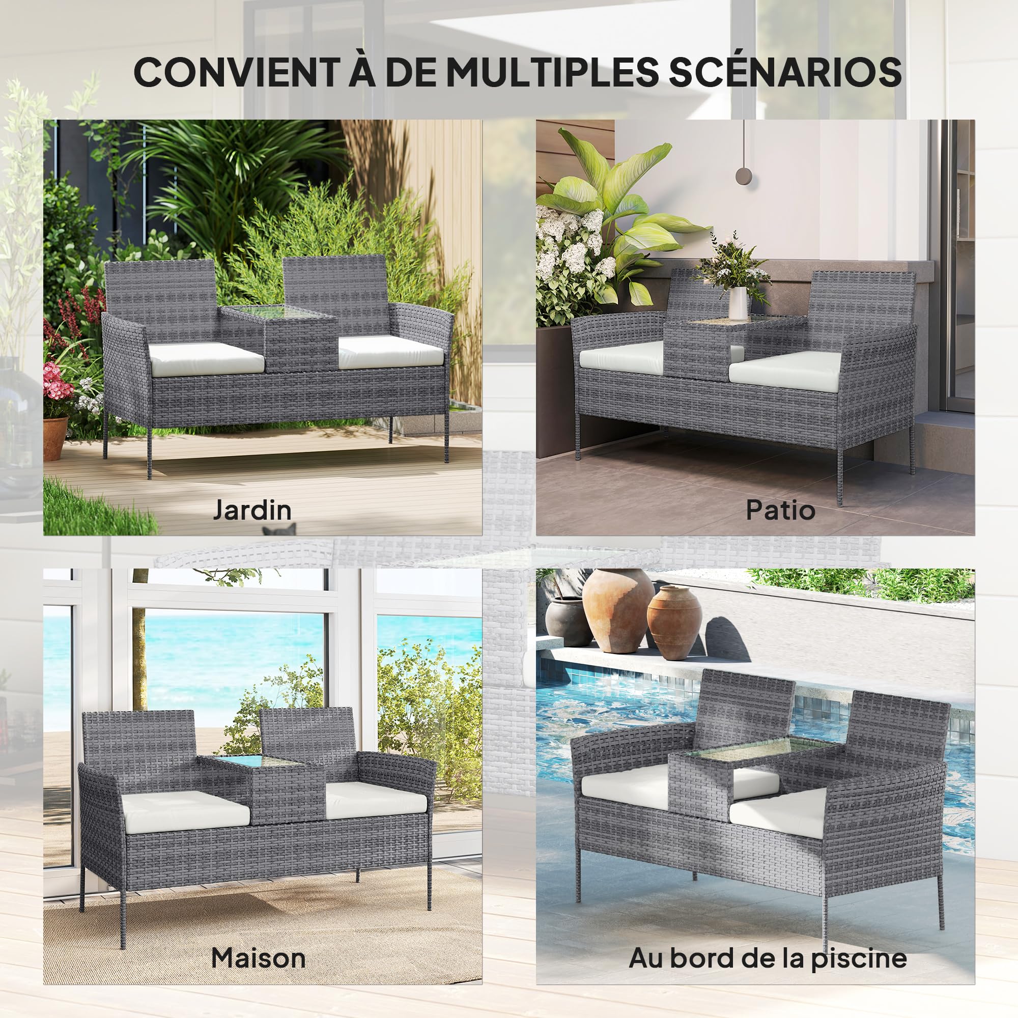 Outsunny Banc de Jardin en résine tressée 2 Places 135x64x81 cm Noir crème