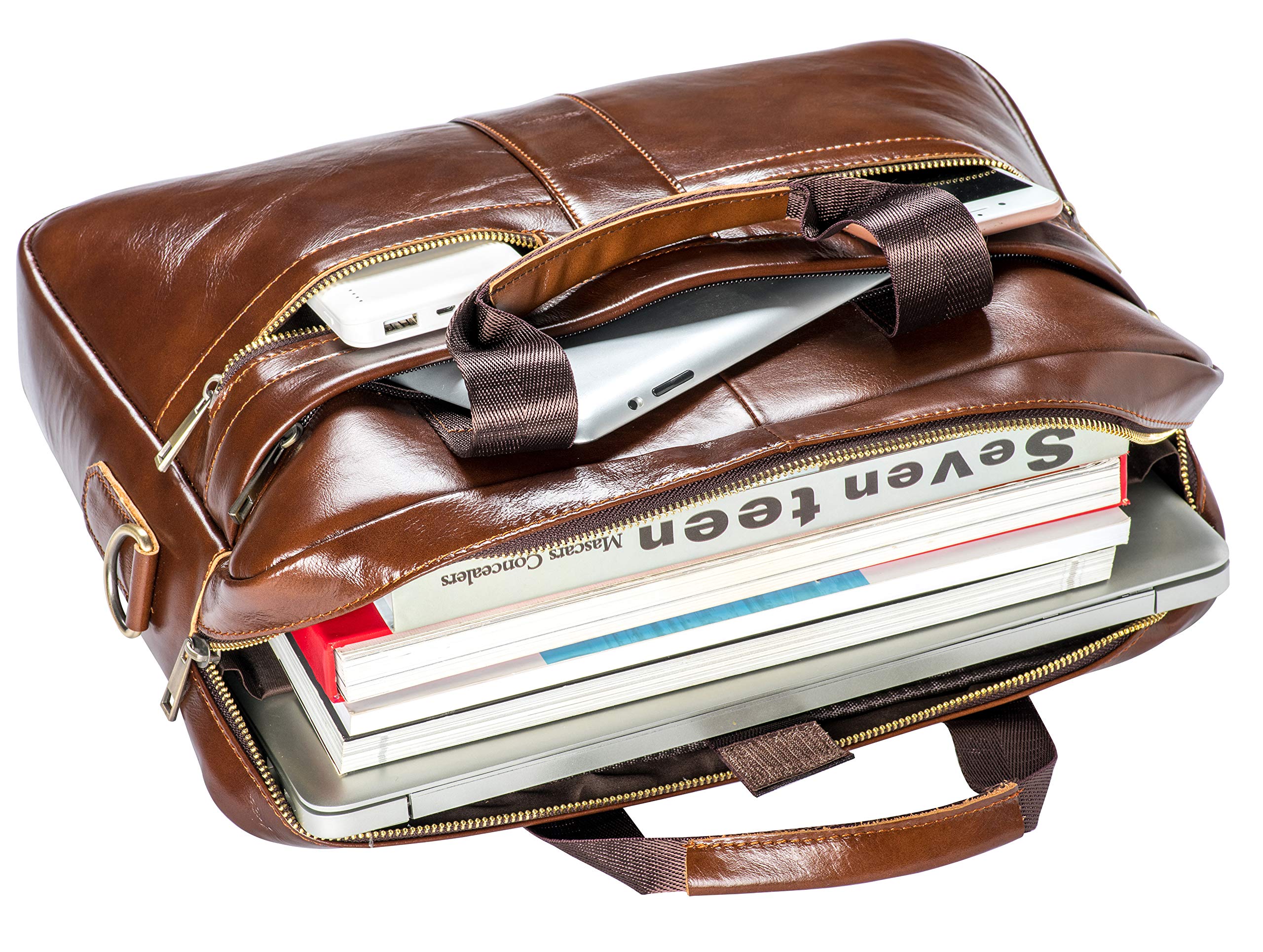 Genuine Leather Messenger Bag For Men - Fits 14" Laptop, Padded Compartment, Multiple Pockets