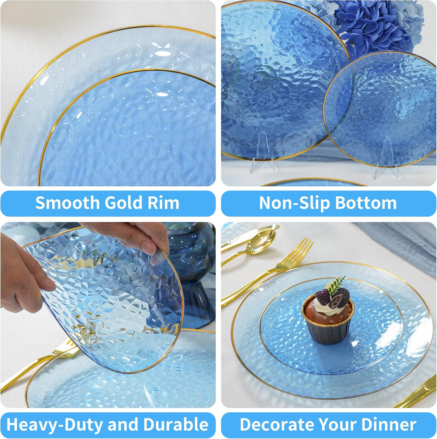 72Pcs Disposable Clear Blue Plastic Plates with Gold Rim, Fancy Blue Plates Includes 36 10.25" Dinner and 36 7.5" Dessert Plates, Hammered Heavy Duty Plastic Plate for Wedding Party - Image 4
