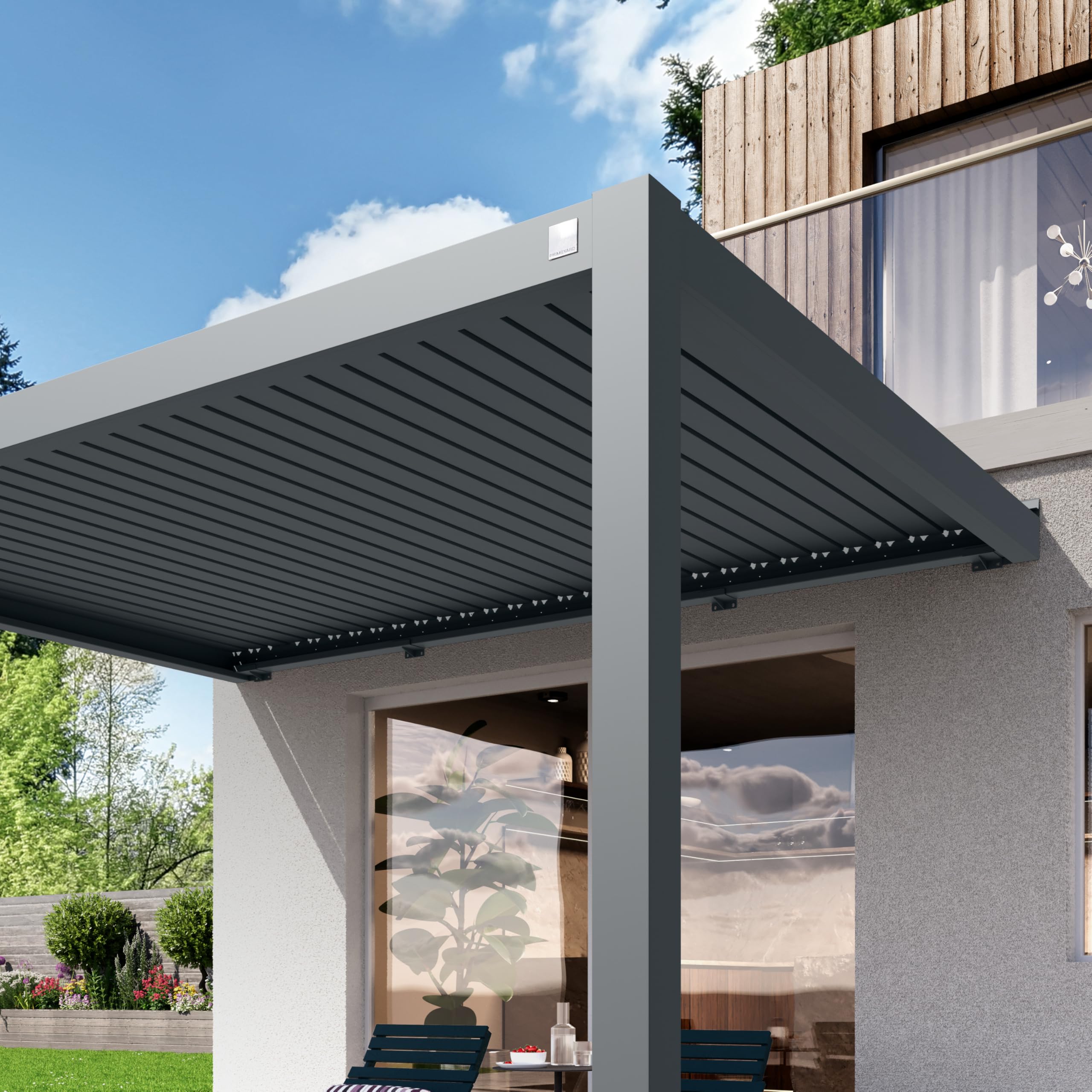 PRIMEYARD Pergola addossata 3x4 m montanti in alluminio con tetto a doghe in alluminio pergola a muro color antracite