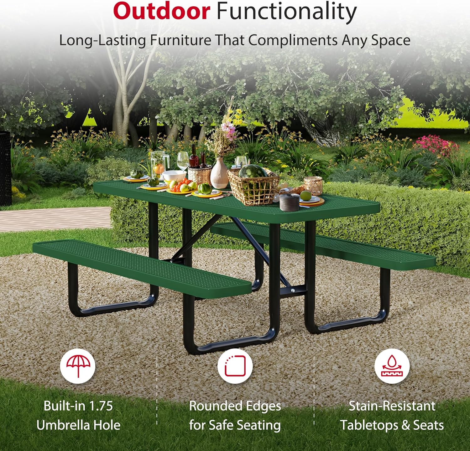 Leisure Craft Metal Picnic Table with Bench - 8 ft Rectangle Outdoor Dining Table for 8, Umbrella Hole, Weatherproof Heavy Duty Thermoplastic Coating, Commercial Grade Furniture Made in USA - Green