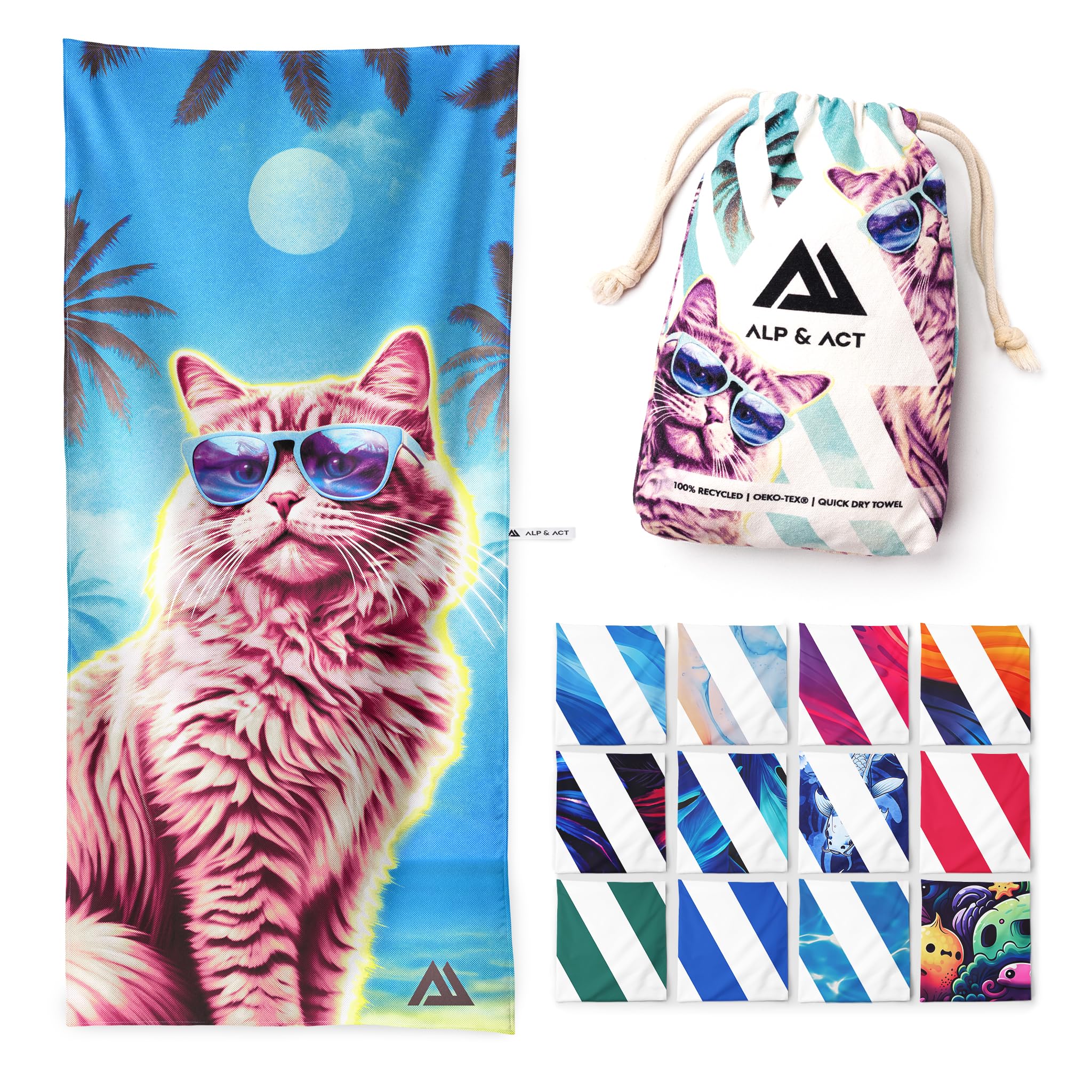 ALP & ACT Strandtuch XXL 200x90 cm - 100% recycelte Mikrofaser - EXTRA LEICHT & schnelltrocknend - großes Microfaser Handtuch für Urlaub & Strand - Badetuch inkl. Baumwollbeutel - bunt