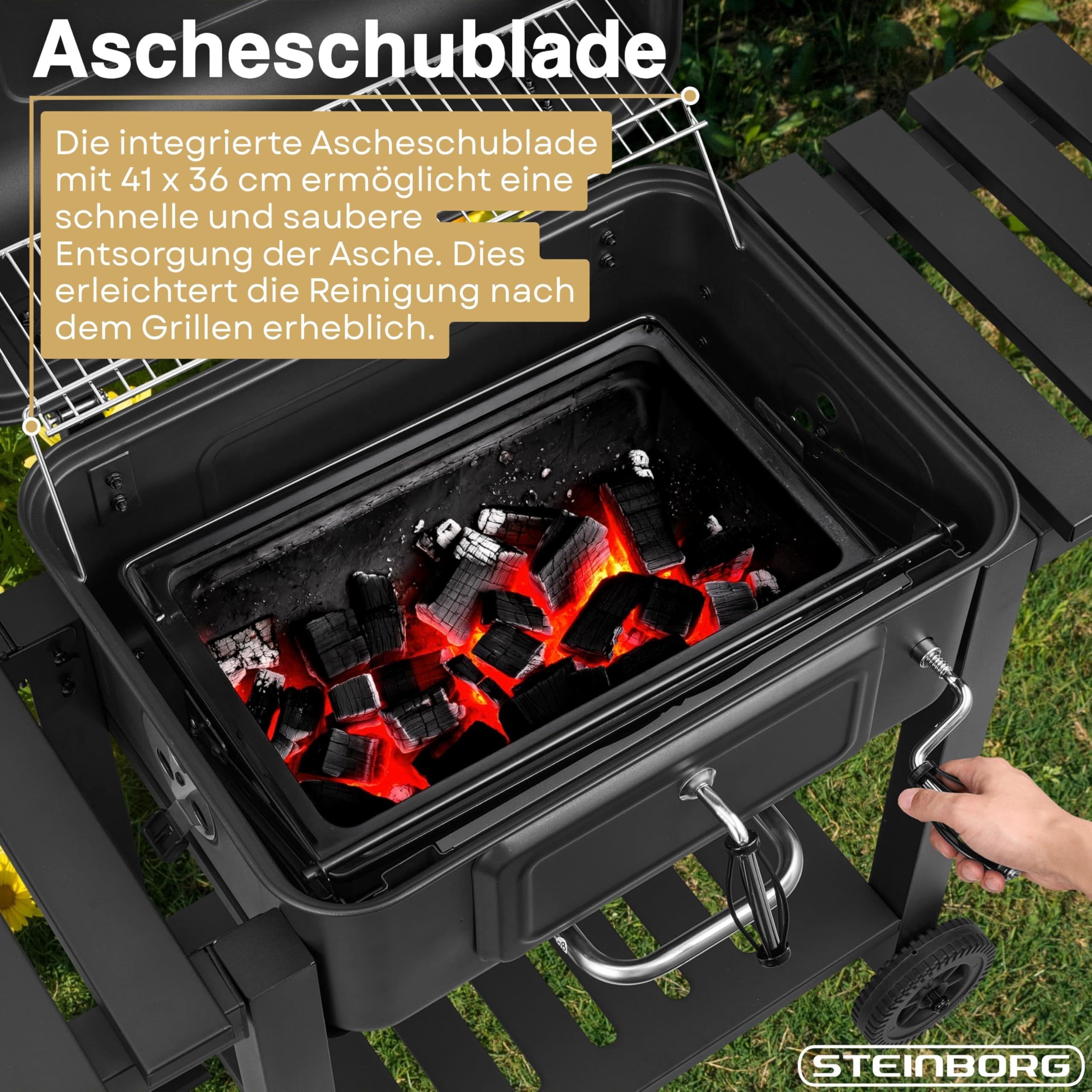 Steinborg® Holzkohlegrill mit Deckel & Thermometer – BBQ Grillwagen fahrbar mit 2 Grillrosten, Warmhalterost, höhenverstellbarer Kohlewanne, Thermometer, Ascheschublade & Seitenablagen