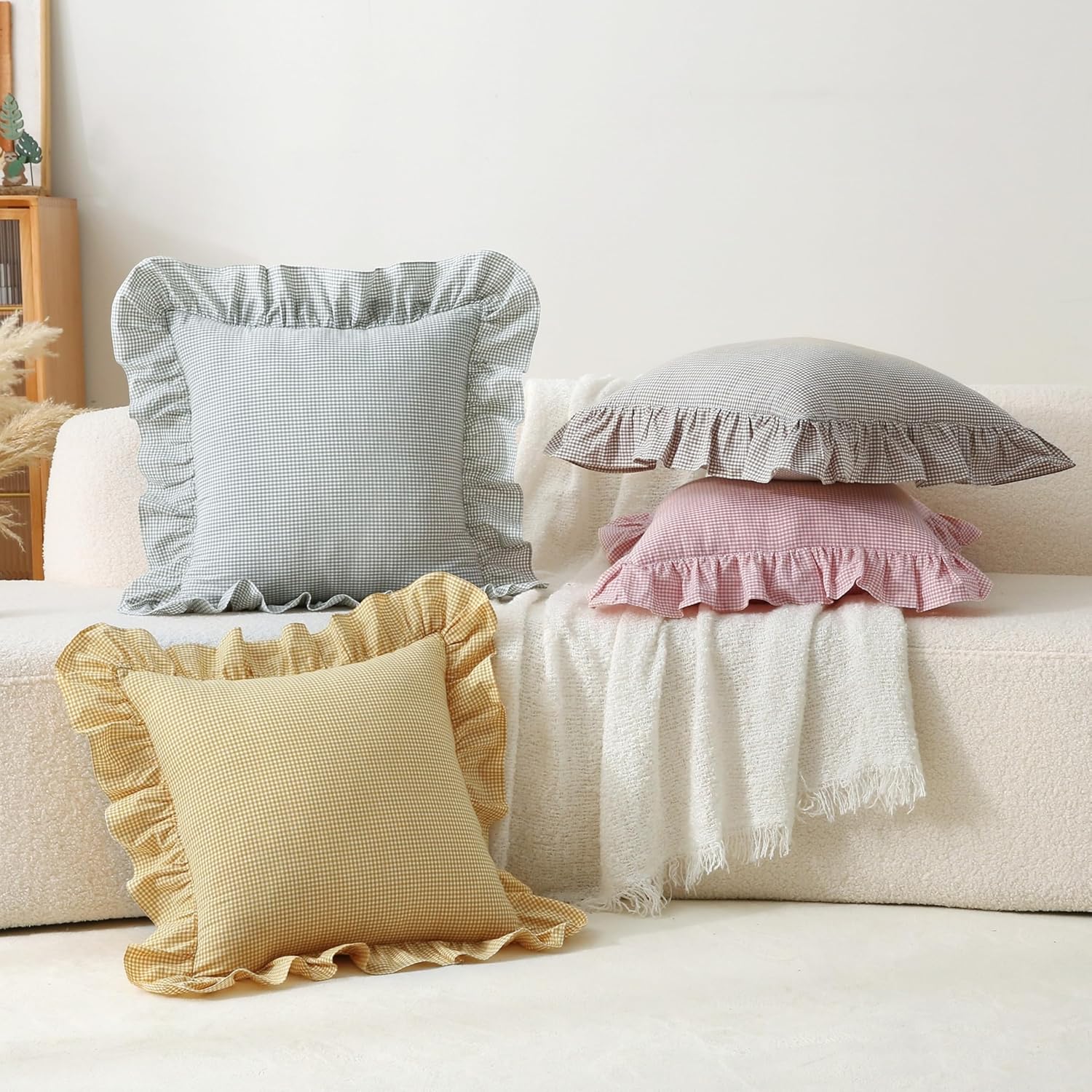 Gingham Pillow Covers (2 Pack) - 18x18 Inches Brown/White Plaid, 100% Washed Cotton Vintage Ruffle Decorative Throw Pillowcases with Zipper Closure for Bed & Couch