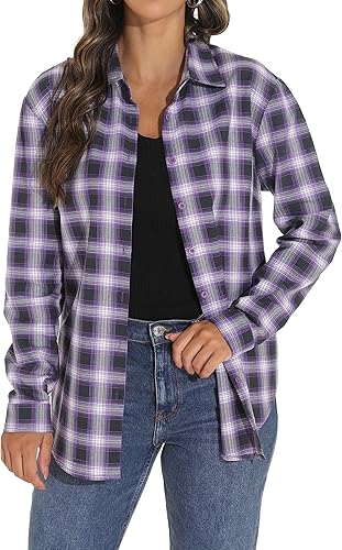 GUANYY Womens Purple Plaid Shirt Classic Oversized Long Sleeve Western Button Do