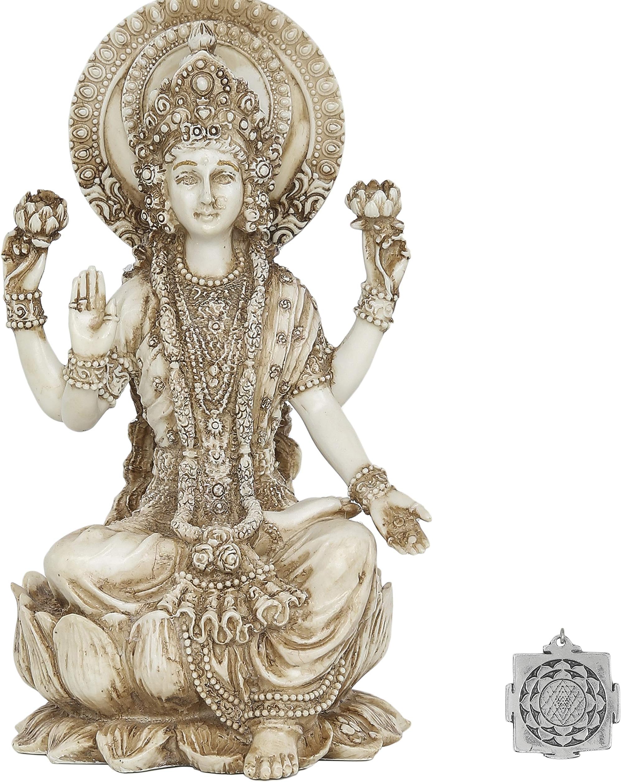 SARIMOIRE Lakshmi - Altar Supply Kit - 4 inch (H) Antique Ivory Lakshmi Statue Hindu Goddess Of Wealth Fortune And Prosperity ~ Lotus Sri Yantra Ornament