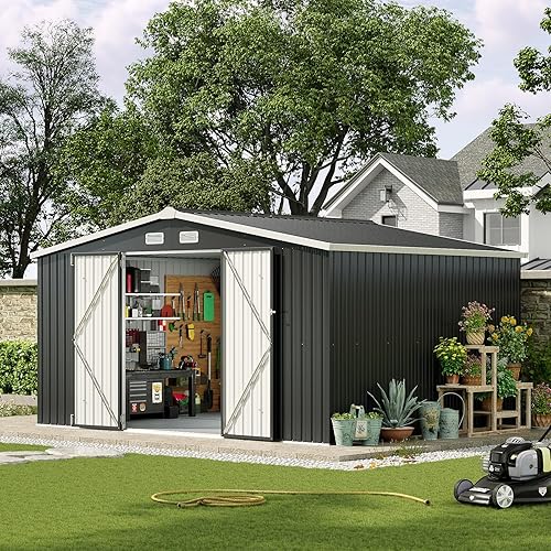 Aoxun 12x10 FT Shed Metal Outdoor Waterproof Storage Shed Steel Utility Garden Tool Shed with Door & Lock Outdoor Storage for Garden Patio Lawn Poolside, Black