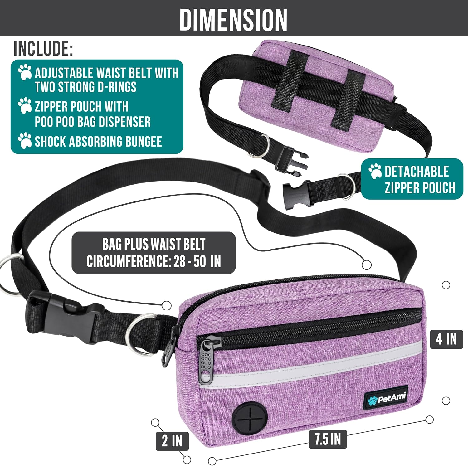 PetAmi Hands Free Dog Leash Waist Belt Bag Fanny Pack, Double, Purple image 2